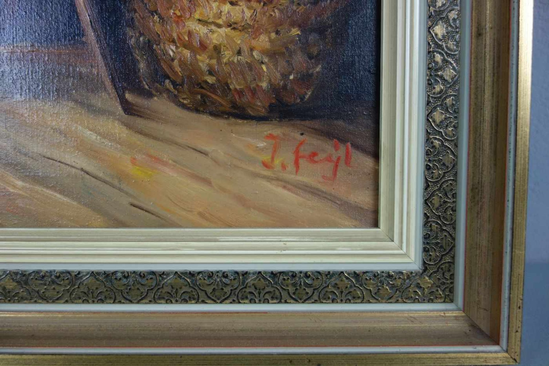 GRAU-FEYL, IRENA (IRENA GRAU, 20. Jh.), Gemälde / painting: "Frau am Spinnrad", Öl auf Leinwand / - Bild 2 aus 3