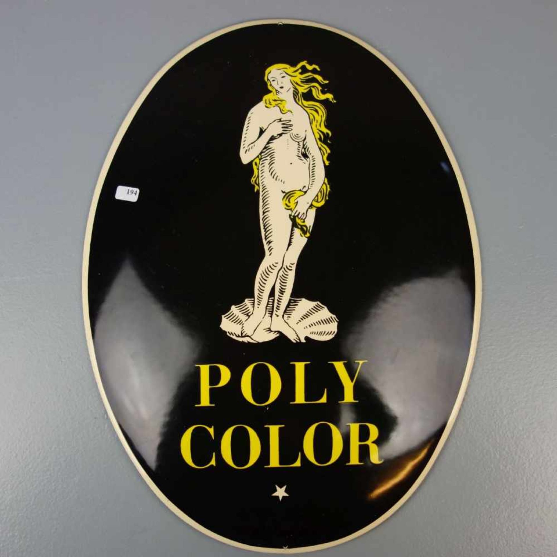 BLECHSCHILD / EMAILLESCHILD / WERBESCHILD "POLY COLOR", ovales und aufgewölbtes Blechschild mit