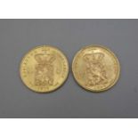 2 GOLDMÜNZEN: 2 x 10 GULDEN WILHELM III / two gold coins, Jahrgang 1889 und 1876, 900er Gold.