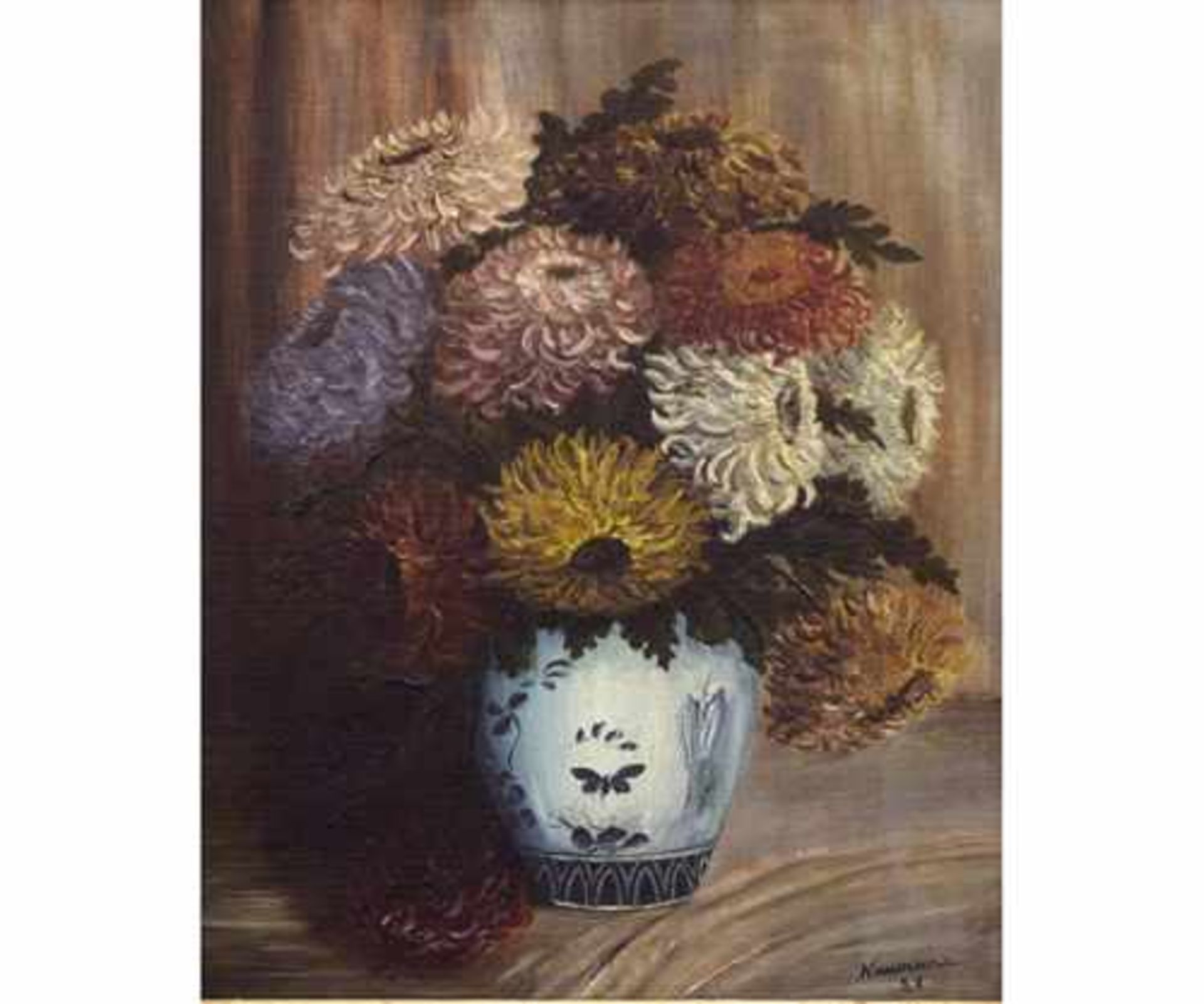 unbekannter Künstler; Öl auf Faserplatte "Chrysanthemen in Vase"; re. unten sign. "Naumann" und dat.