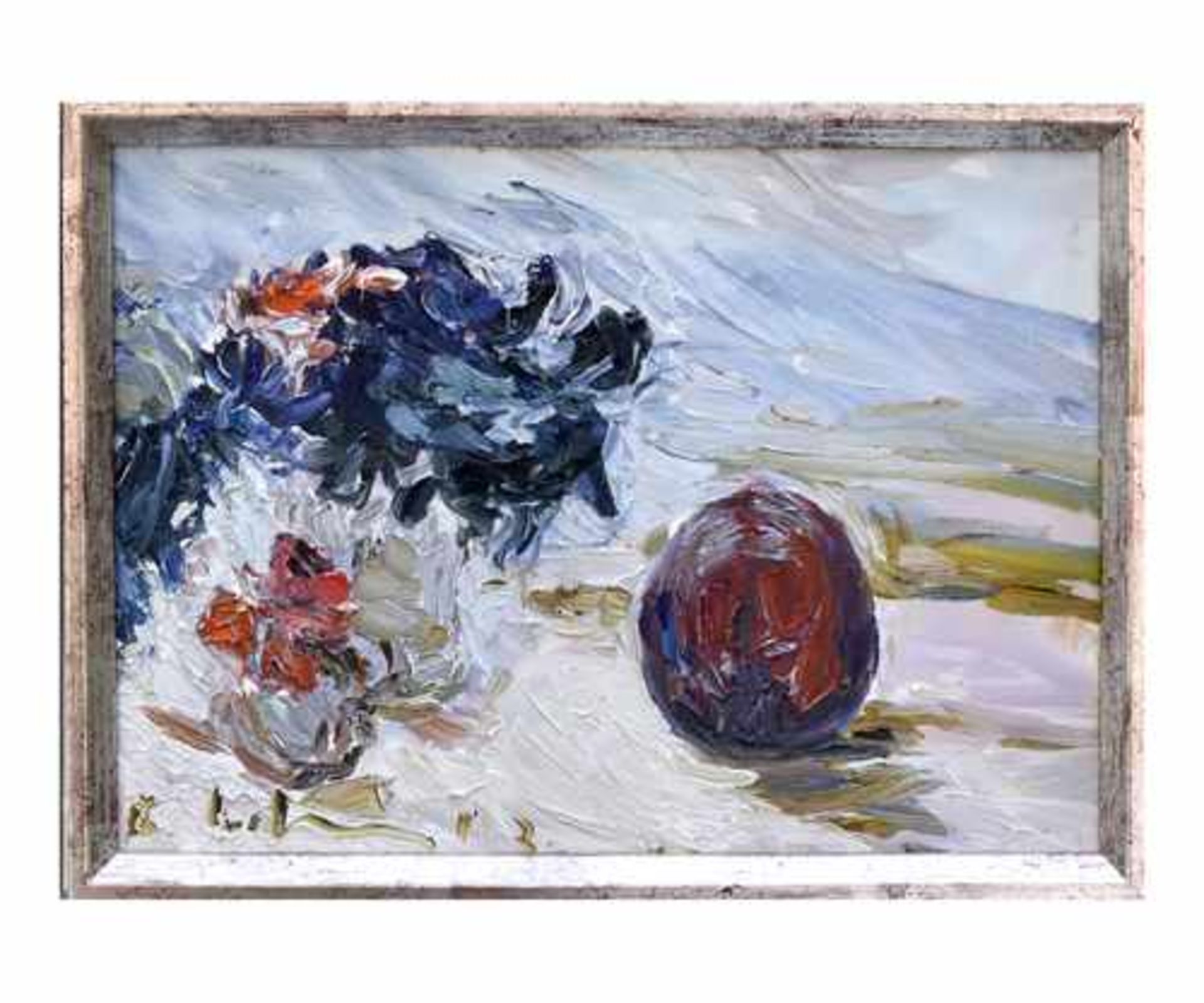 Roland LADWIG, 1935 Wedel – 2014 Berlin; Öl auf Leinwand "Blumen mit Obst"; links unten sign. und - Image 2 of 2