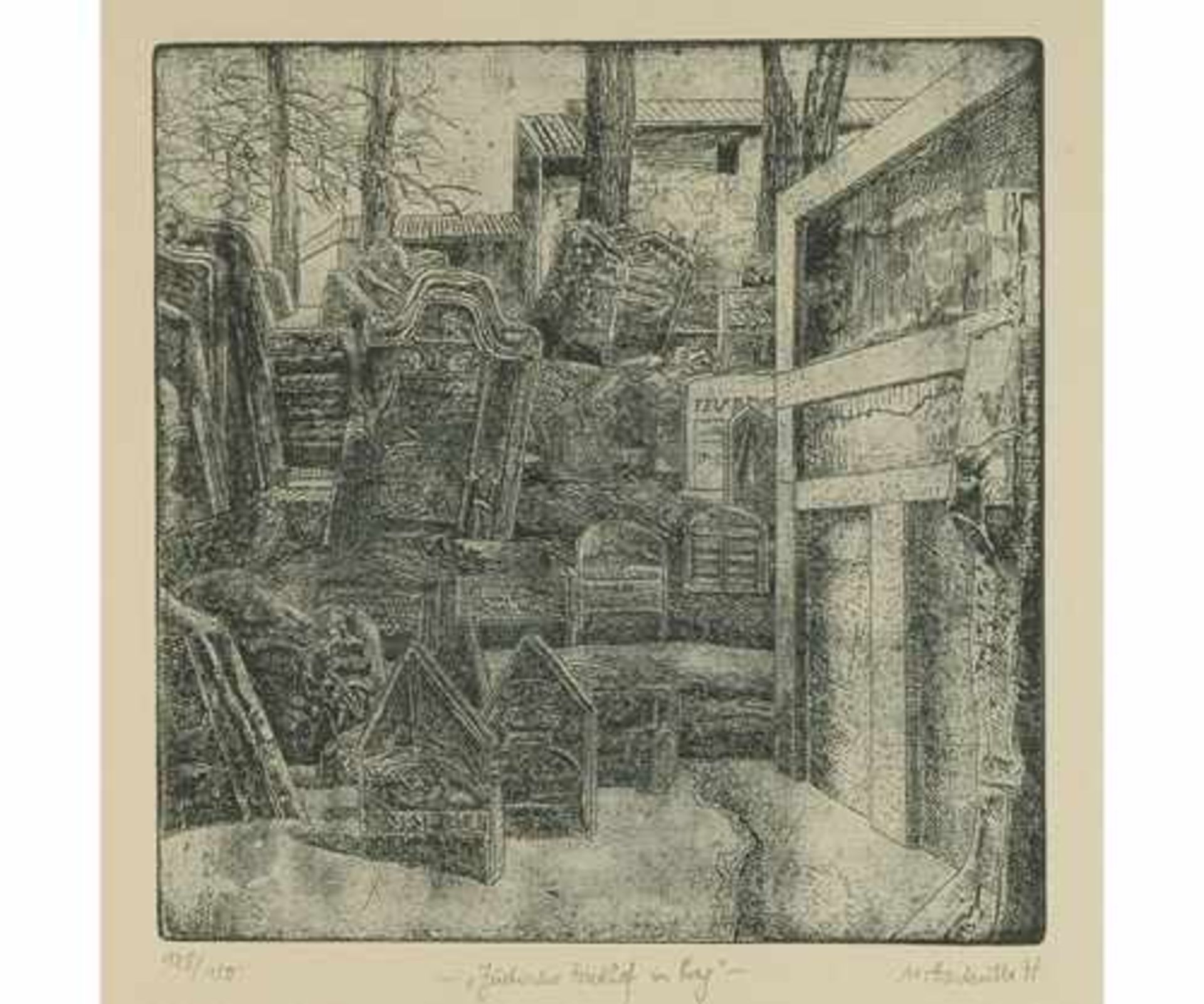 Ulrich HACHULLA, 1943 Kędzierzyn; Radierung "Jüdischer Friedhof in Prag"; 128/150 num. Ex.; re.