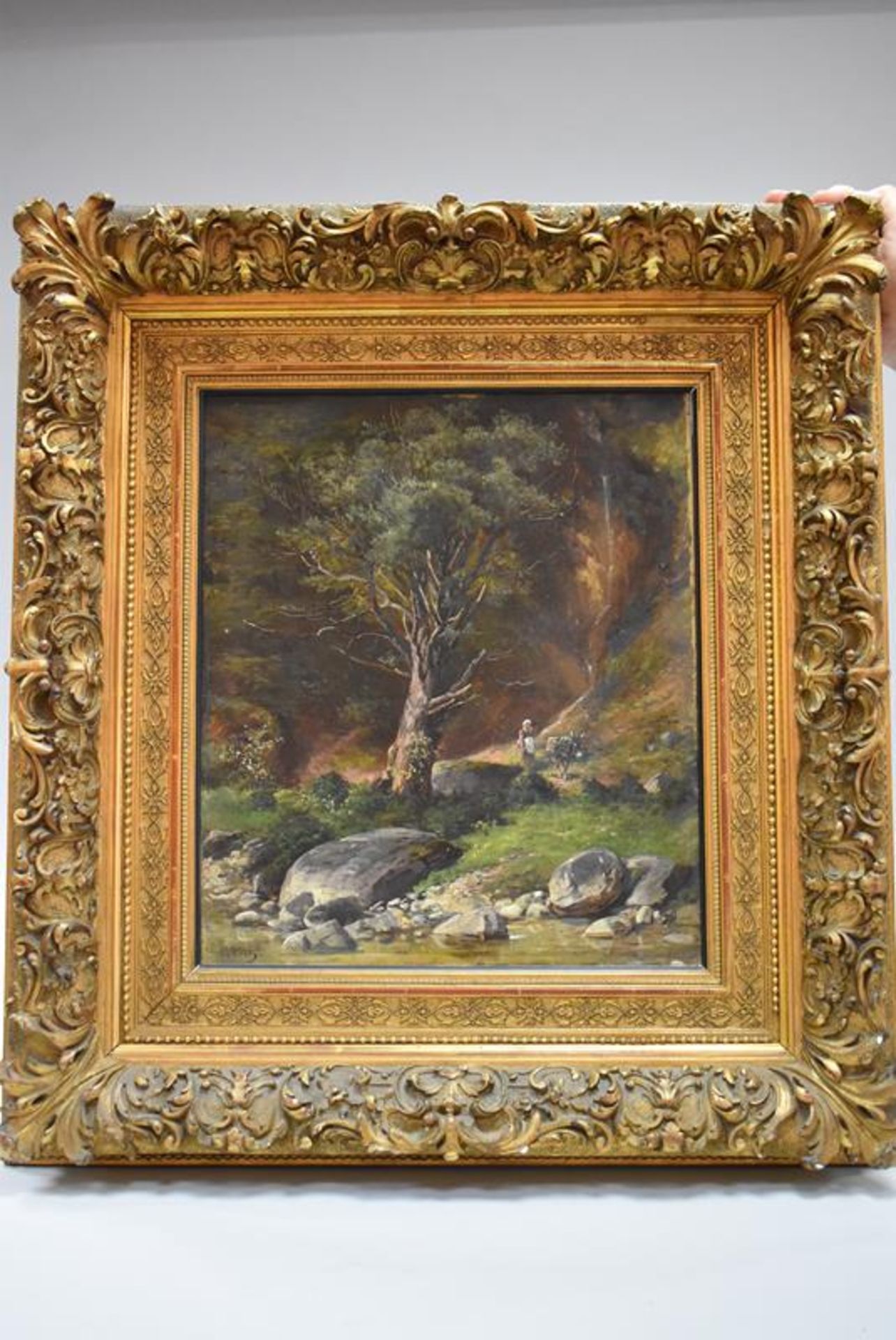 Ludwig Gustav Voltz (1825 - 1911) "Bäuerin mit Esel auf dem Waldweg"Mindestpreis 400Bezeichnung
