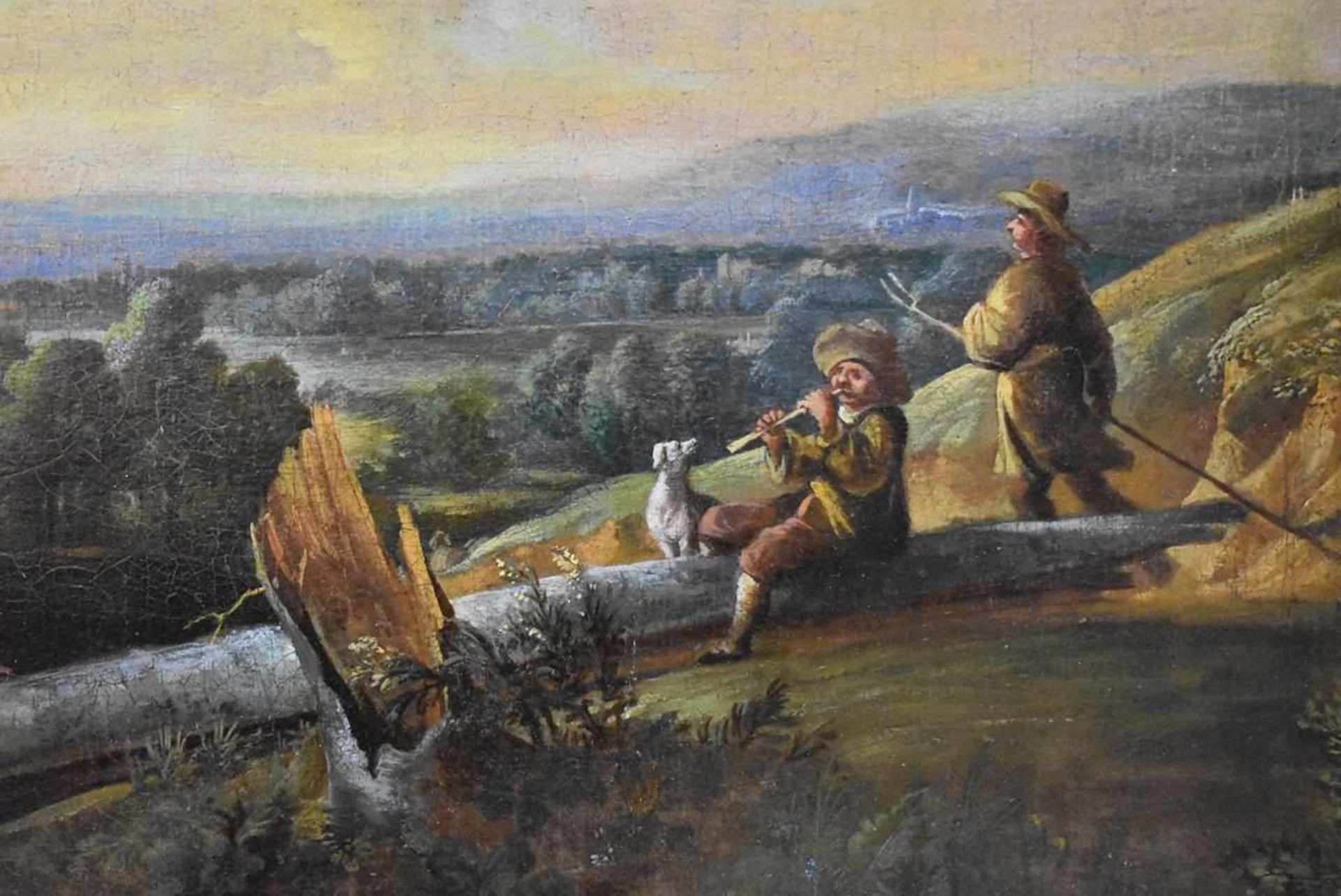 "Landschaft mit Flötenspieler" um 1860 Öl auf Leinwand, Gemälde eines unbekannten Künstlers um 1860, - Bild 3 aus 4