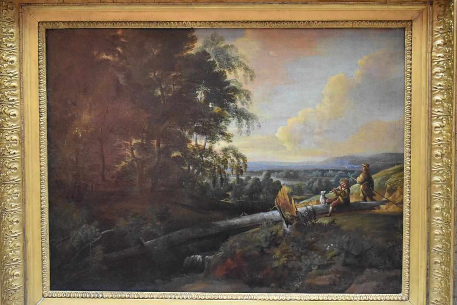 "Landschaft mit Flötenspieler" um 1860 Öl auf Leinwand, Gemälde eines unbekannten Künstlers um 1860,