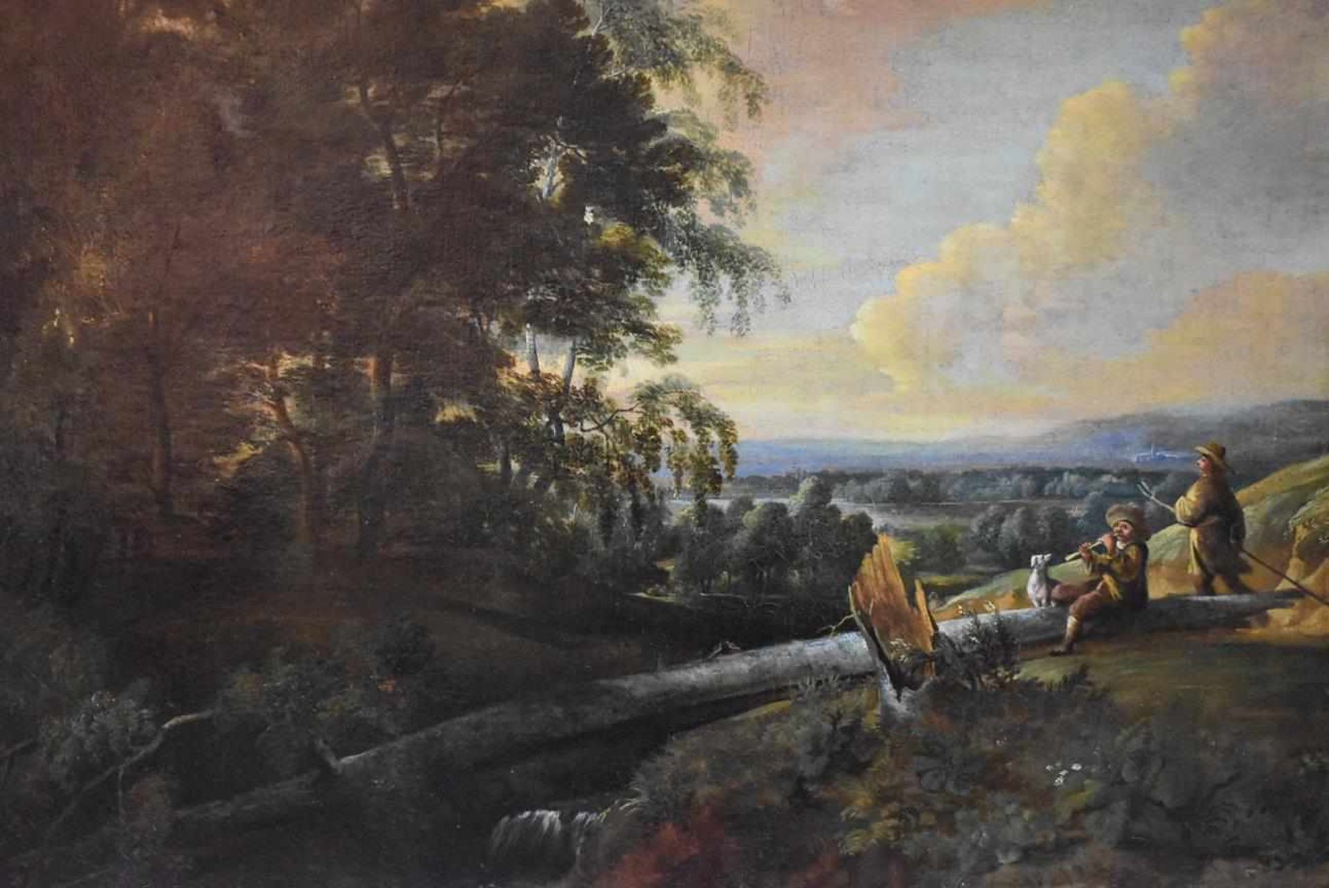 "Landschaft mit Flötenspieler" um 1860 Öl auf Leinwand, Gemälde eines unbekannten Künstlers um 1860, - Bild 2 aus 4