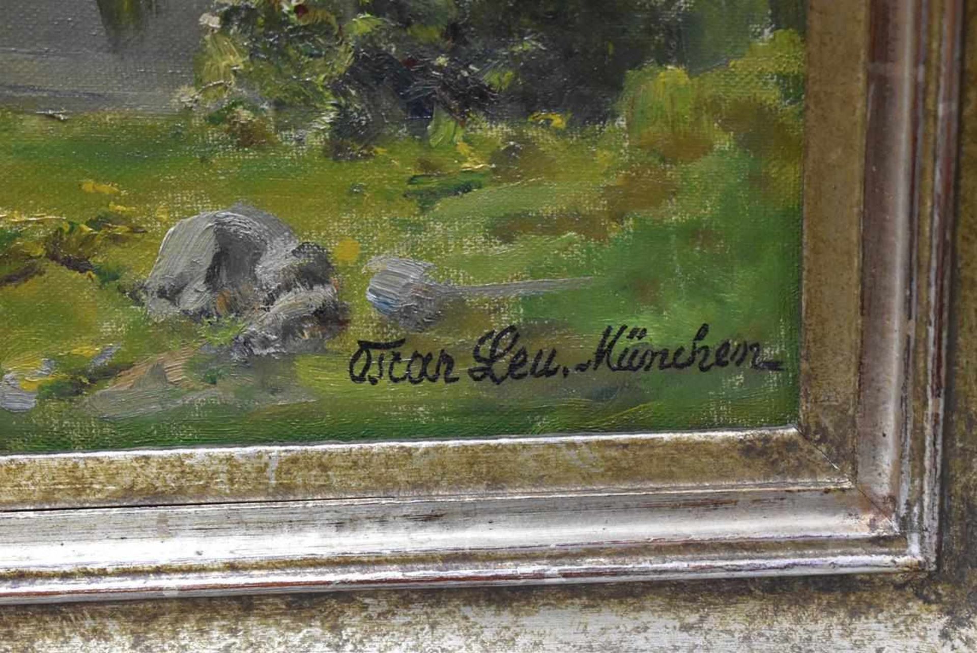 Oskar Leu (1864-1942) "Haus am See" Öl auf Leinwand, Münchener Schule und Sohn des Malers August - Bild 3 aus 3