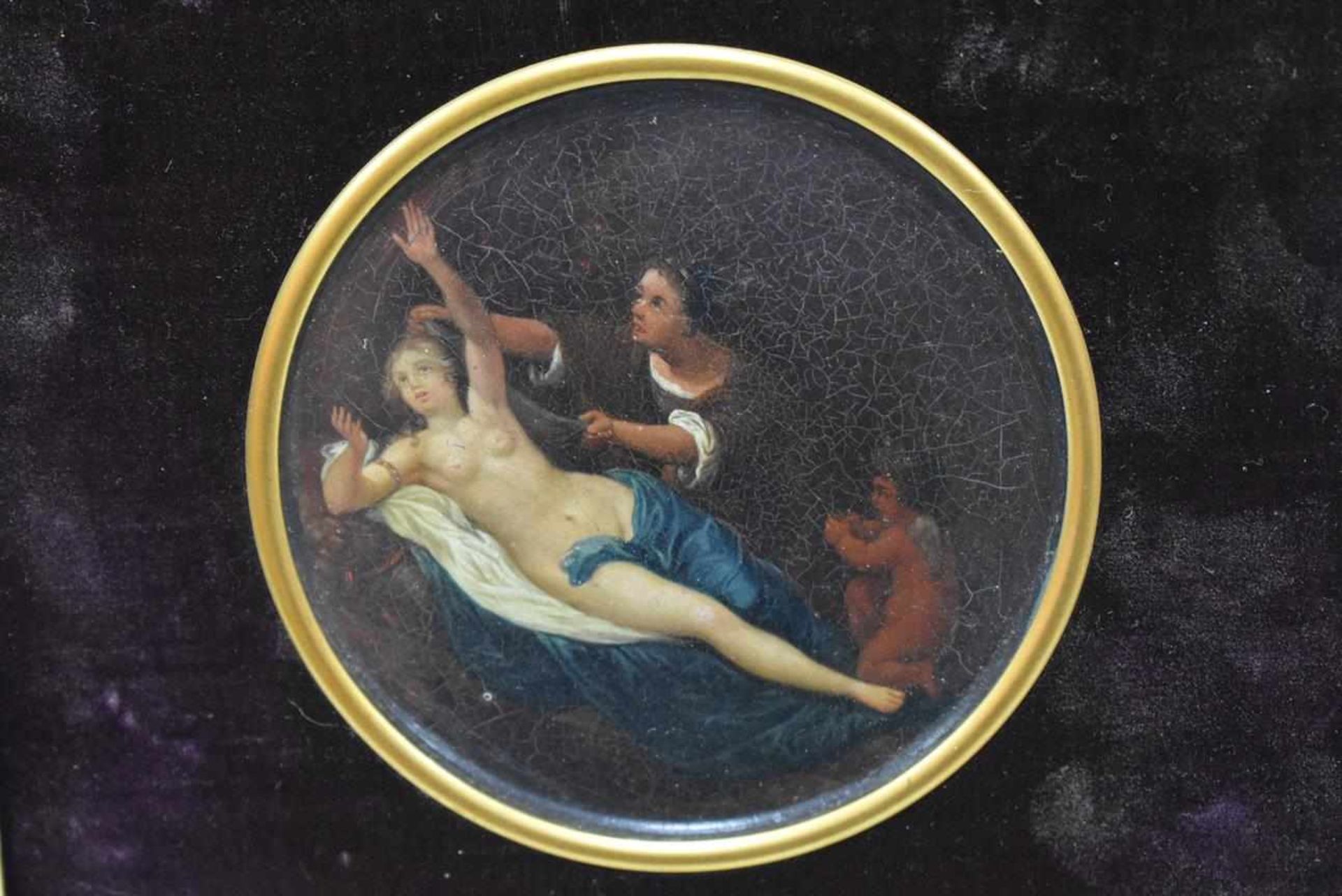 Miniatur Malerei "Danaë und der goldene Regen des Jupiter" um 1850 Öl auf Holz, Feines Miniatur - Bild 2 aus 2