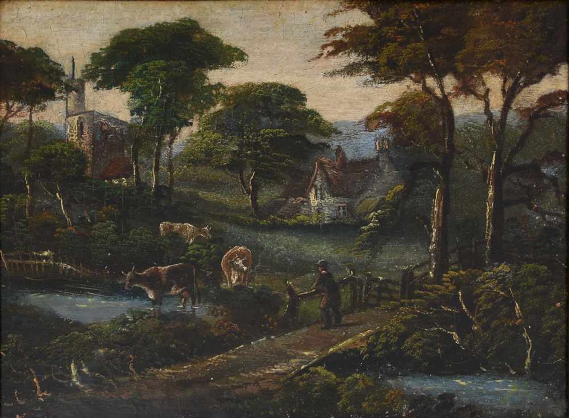 UNBEKANNTER KÜNSTLER, " Kühe am Bach", Öl auf Leinwand, gerahmt, 19. JahrhundertLeinwand doubliert. - Bild 3 aus 4