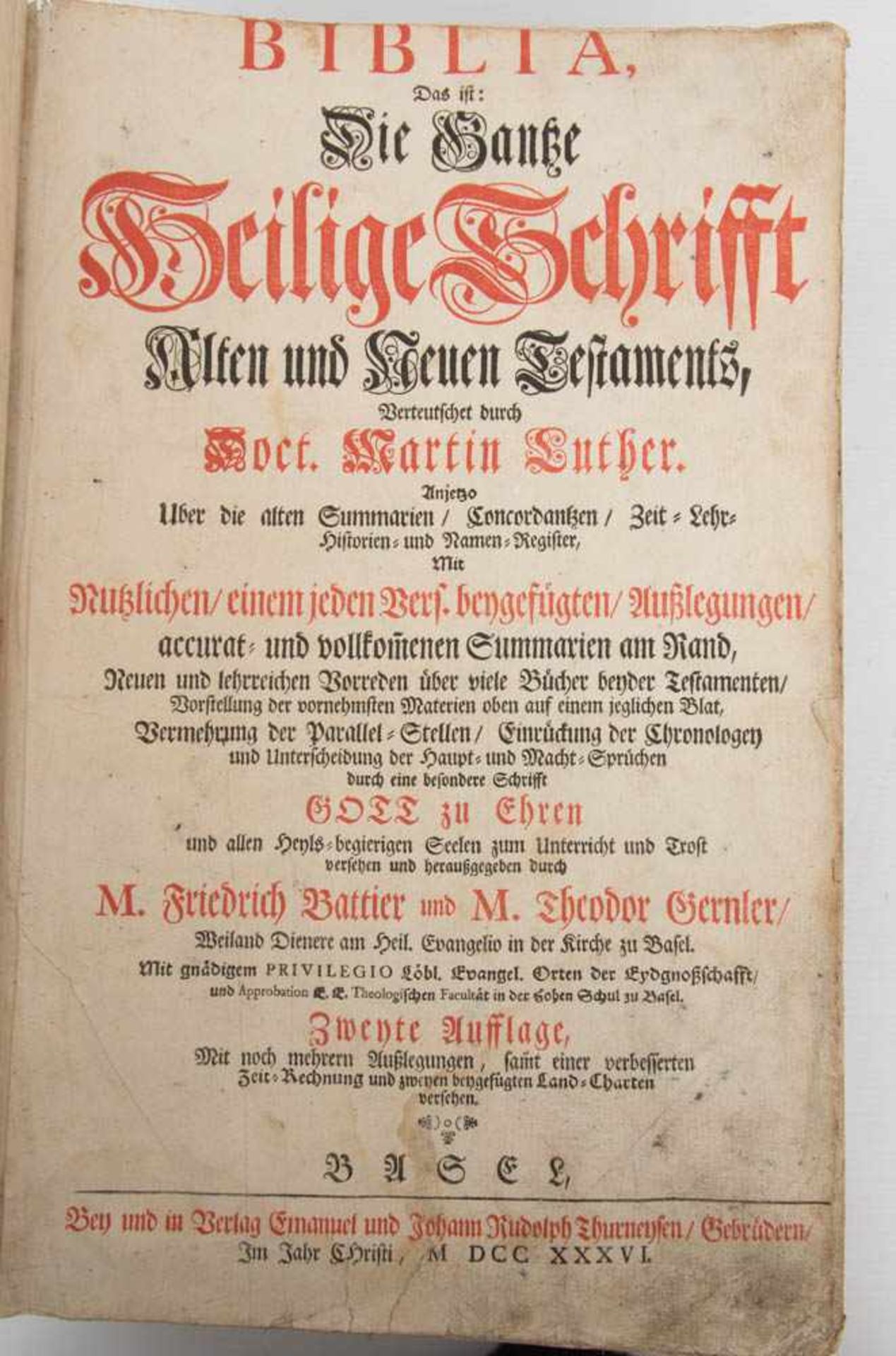 BIBLIA, altes und neues Testament, Hg. Friedrich Battier u. Theodor Gernler, Deutschland, 1736. - Bild 5 aus 6