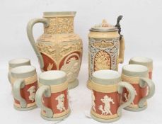 VILLEROY & BOCH METTLACH, BIERKRUG MIT 6 TRINKKRÜGEN, bemalte glasierte Keramik, gemarkt, um
