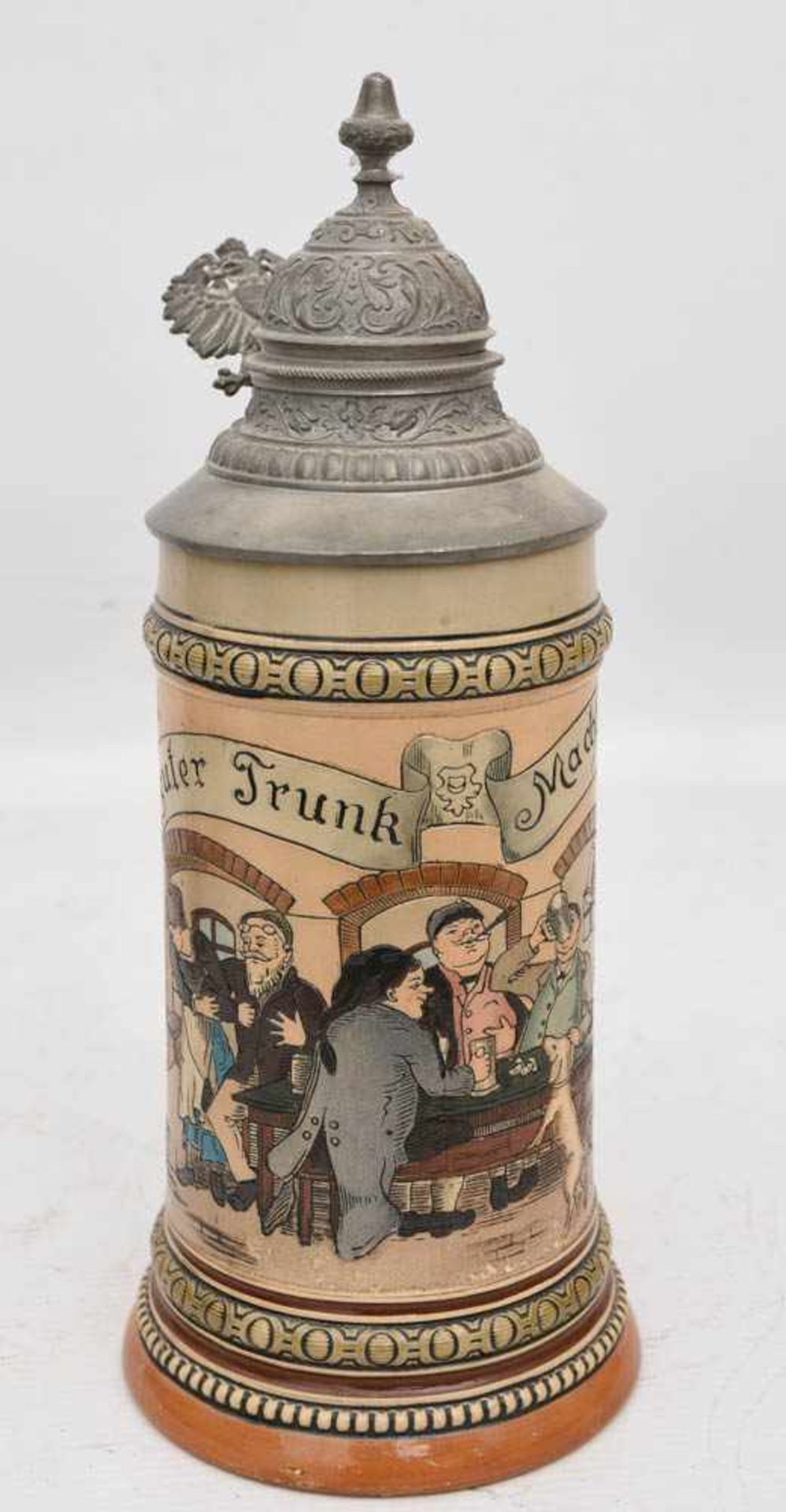 BIERKRUG "EIN GUTER TRUNK", bemalte glasierte Keramik/Zinn gemarkt, um 1900Zinndeckelkrug mit - Bild 2 aus 4