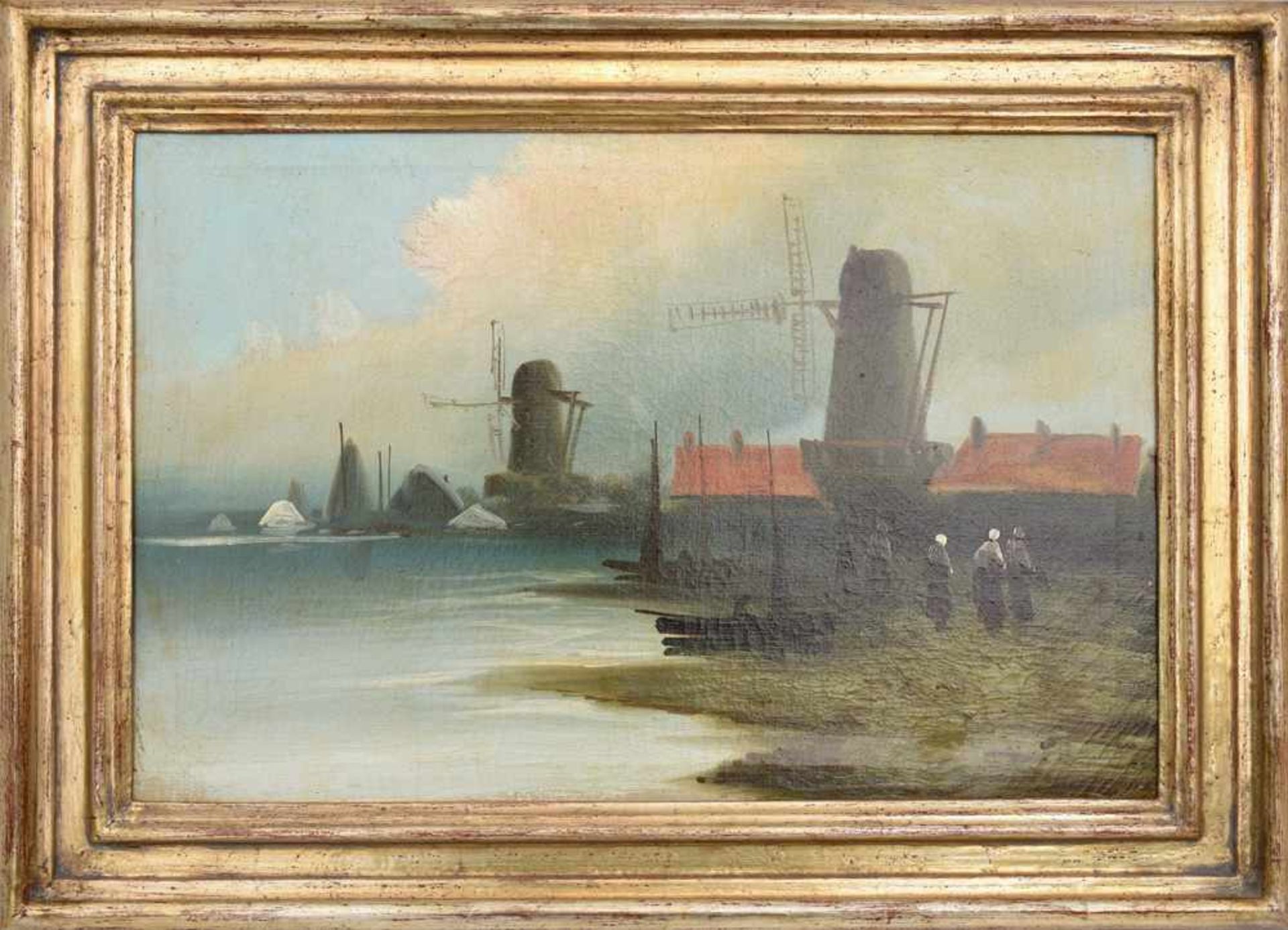 UNBEKANNTER KÜNSTLER, "Windmühlen am Strand", Öl auf Leinwand, gerahmt, 19./20. JahrhundertMaße