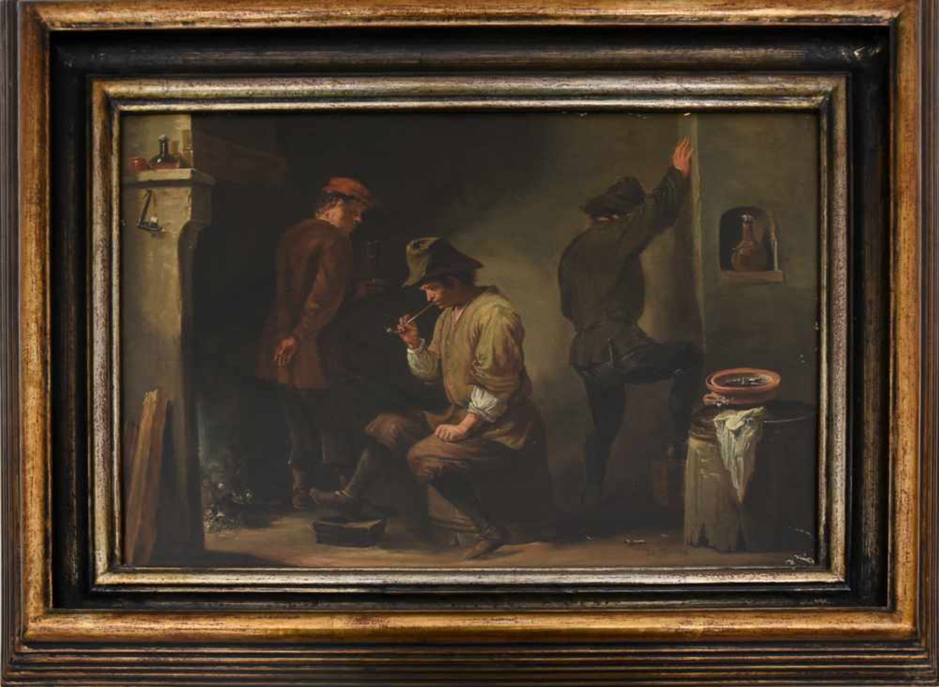 DAVID TENIERS DER JÜNGERE; "Bauern am Kamin", Öl auf Holz, parkettiert, gerahmt, signiert, 17. Jh.