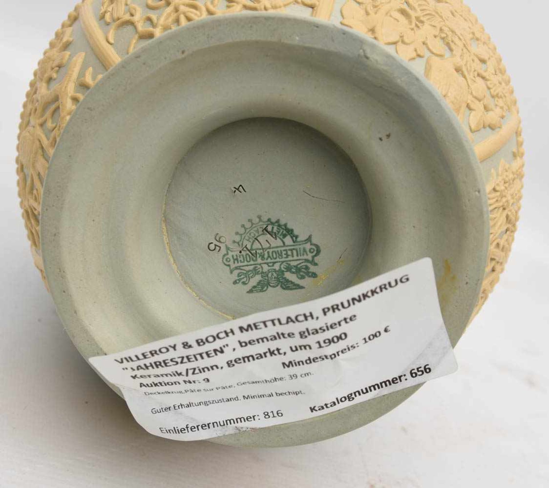 VILLEROY & BOCH METTLACH, PRUNKKRUG "JAHRESZEITEN", bemalte glasierte Keramik/Zinn, gemarkt, um - Bild 7 aus 7