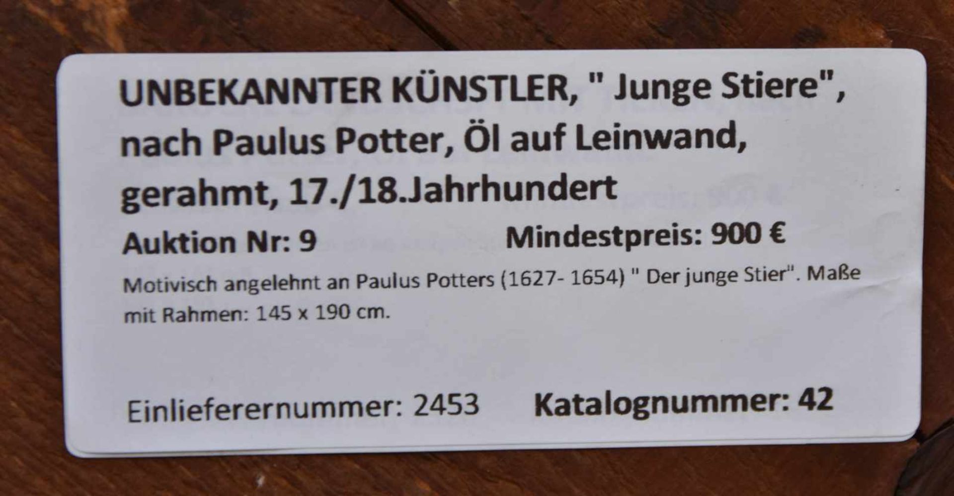 UNBEKANNTER KÜNSTLER, " Junge Stiere", nach Paulus Potter, Öl auf Leinwand, gerahmt, 17./18. - Bild 5 aus 5