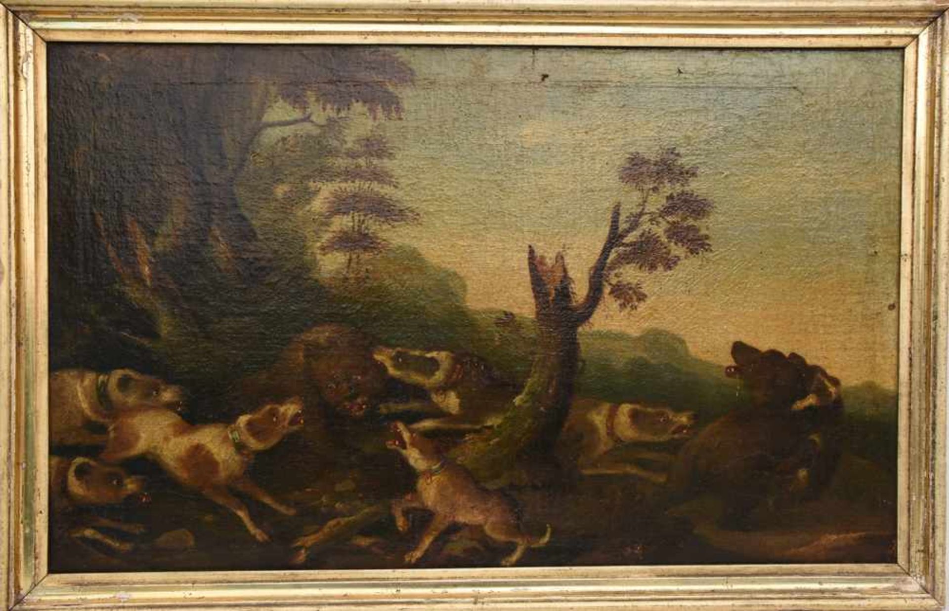 UNBEKANNTER KÜNSTLER, "Bären Treibjagd", Öl auf Leinwand, 19. JahrhundertSzenerie einer Treibjagd
