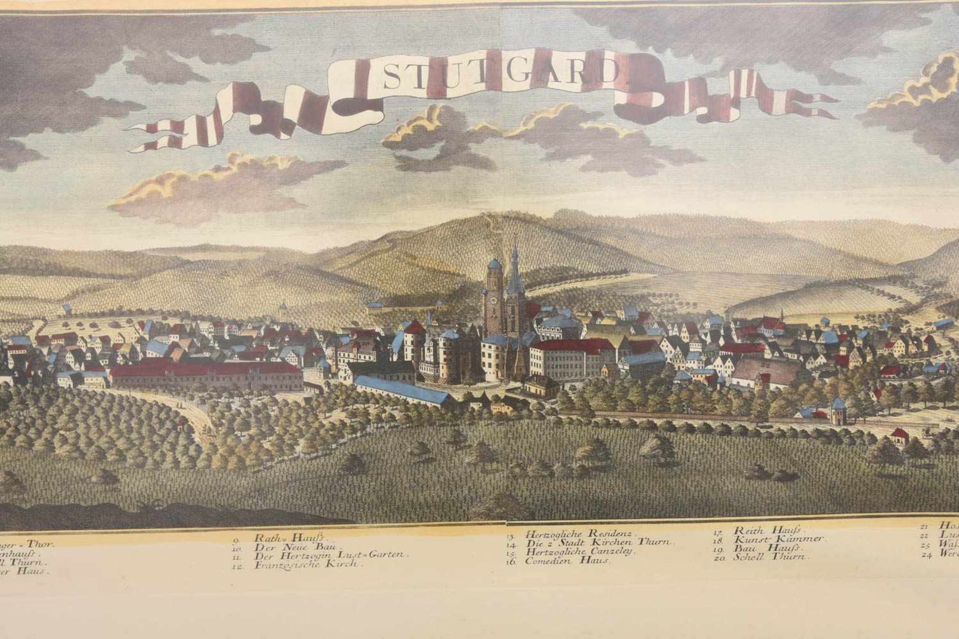 ALTE STADTANSICHT "STUTTGARD", kolorierter Kupferstich, gerahmt, 18./19.JahrhundertStadtansicht - Bild 2 aus 2