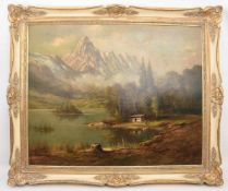 H.P. Schmidt, Gebirgsee mit Hütte, Öl als Leinwand, 20. Jh.Seht guter Zustand, gerahmt.109 x 93 cm.