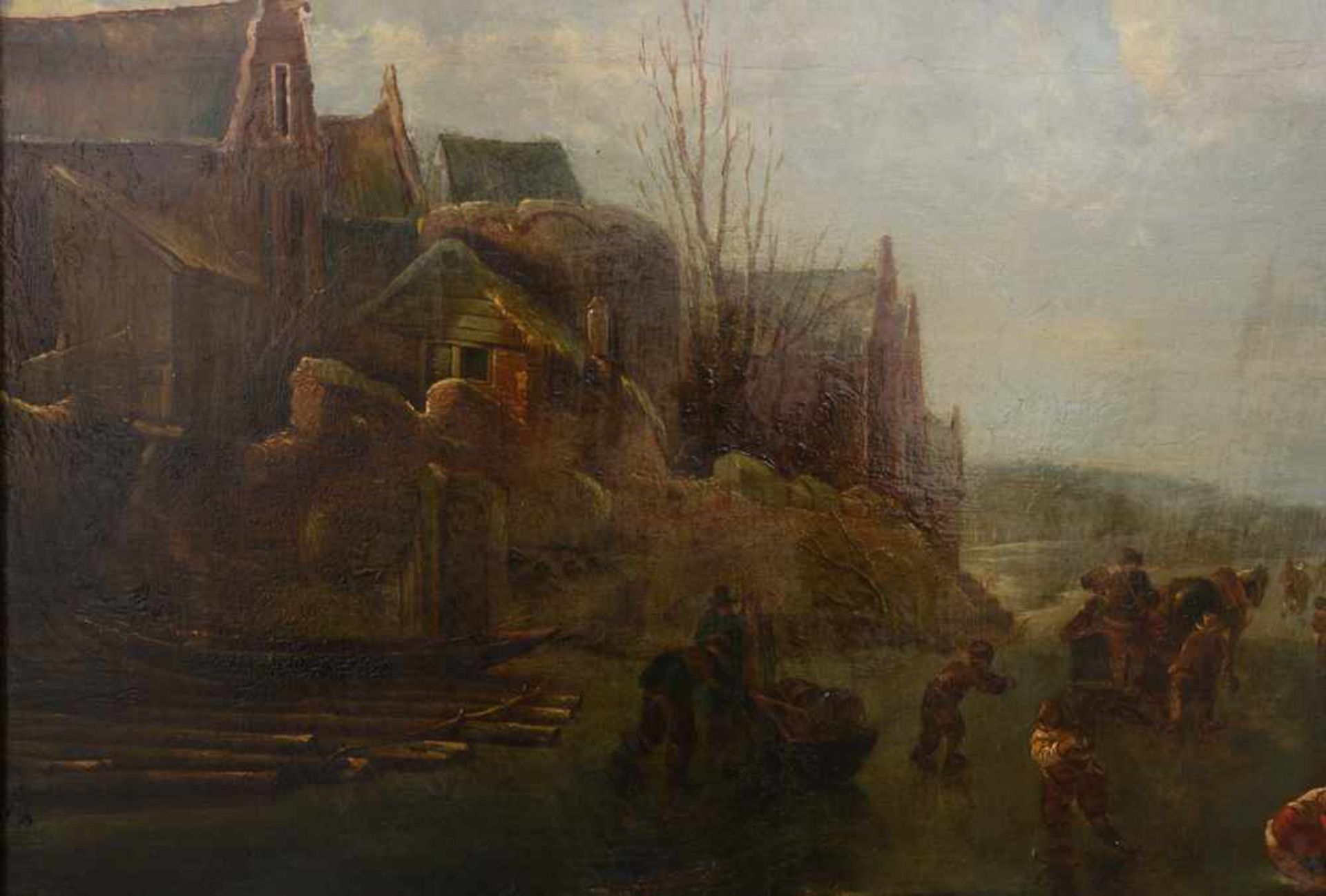 JACOBUS KOOL(EN) (ATTR.), Ländliches Treiben auf dem winterlichen Kanal", Öl auf Holz, gerahmt, - Bild 6 aus 7