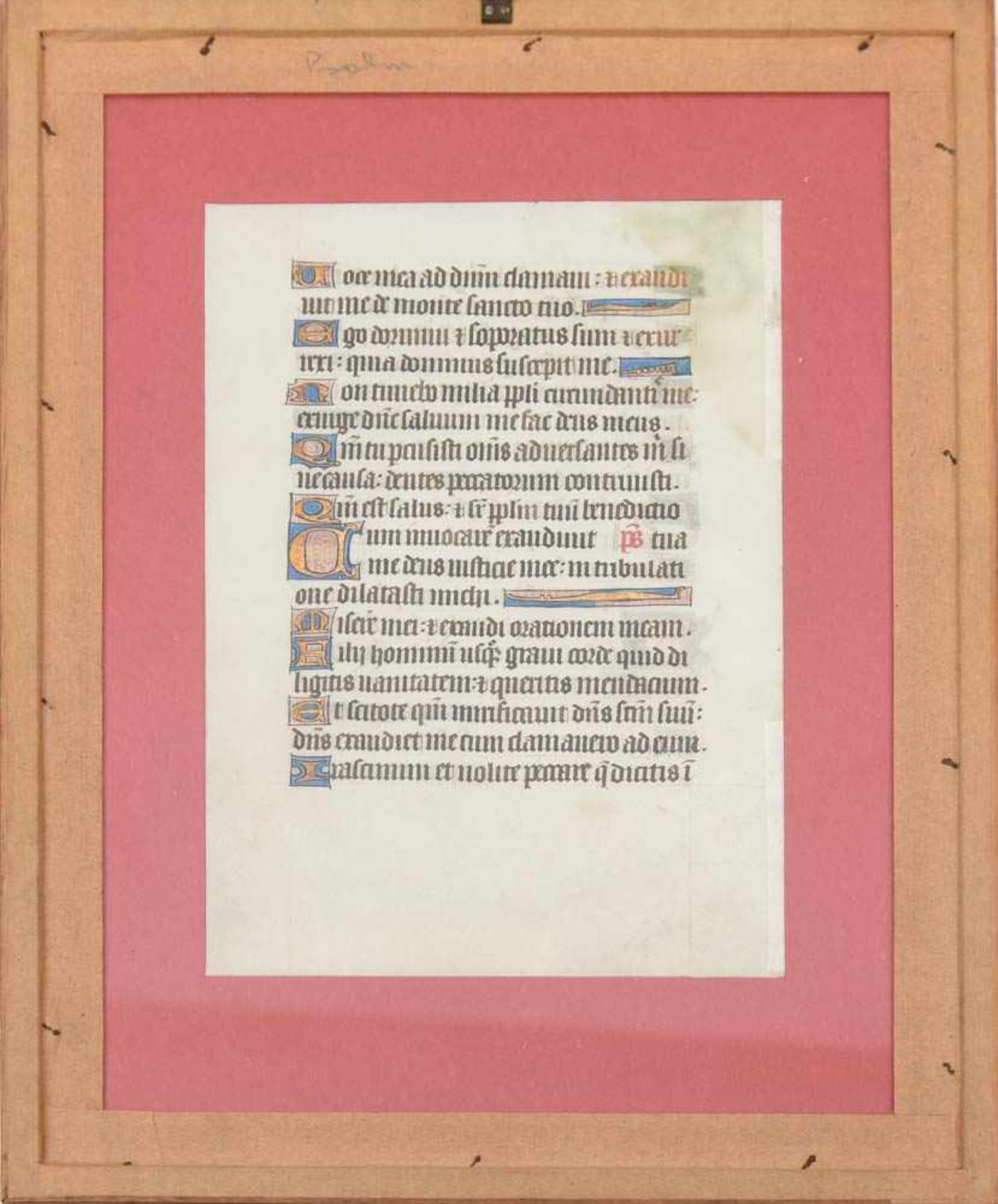 MITTELALTERLICHE HANDSCHRIFT BIBELPSALM, Pergament, Mineralfarben, hinter Glas gerahmt, 15. - Bild 2 aus 2