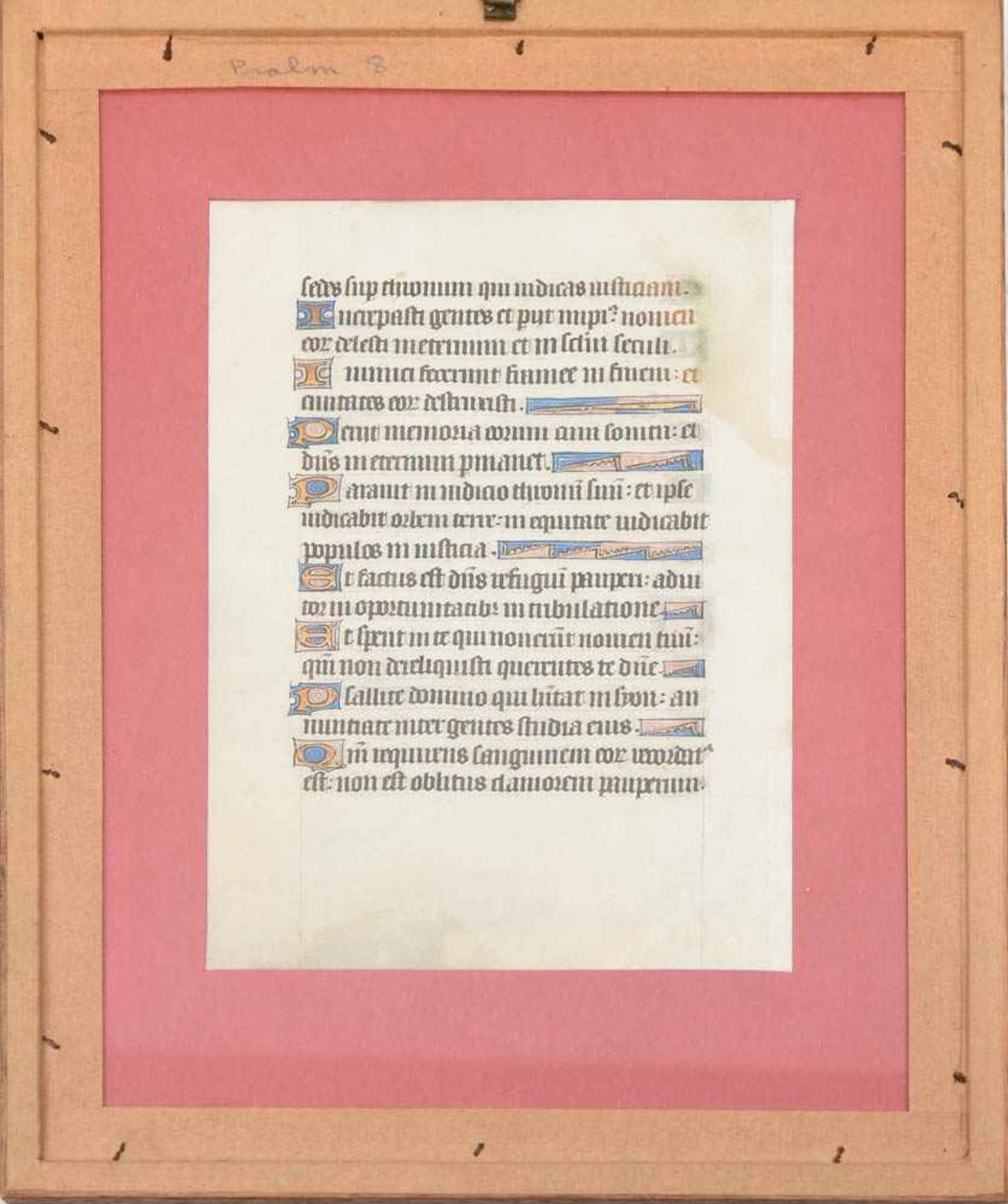 MITTELALTERLICHE HANDSCHRIFT PSALM 8, Pergament, Mineralfarben, hinter Glas gerahmt, 15.