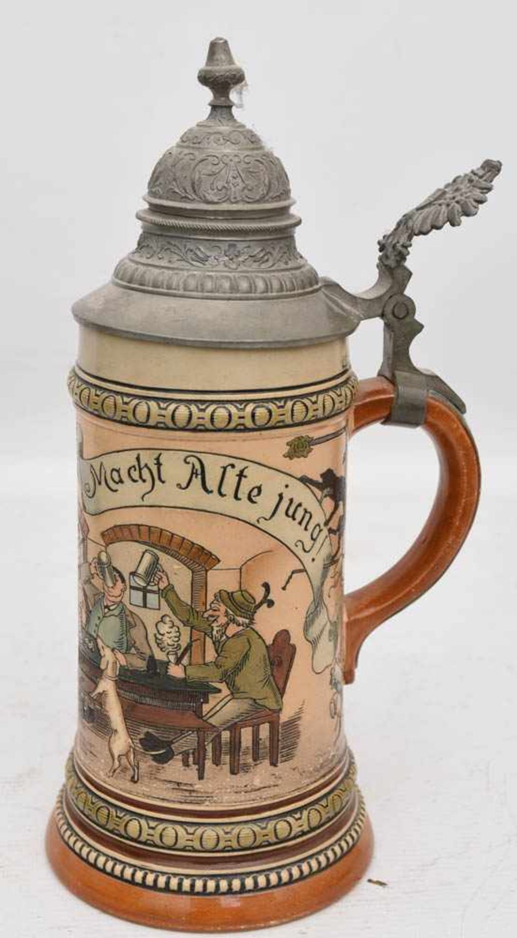 BIERKRUG "EIN GUTER TRUNK", bemalte glasierte Keramik/Zinn gemarkt, um 1900Zinndeckelkrug mit - Bild 3 aus 4