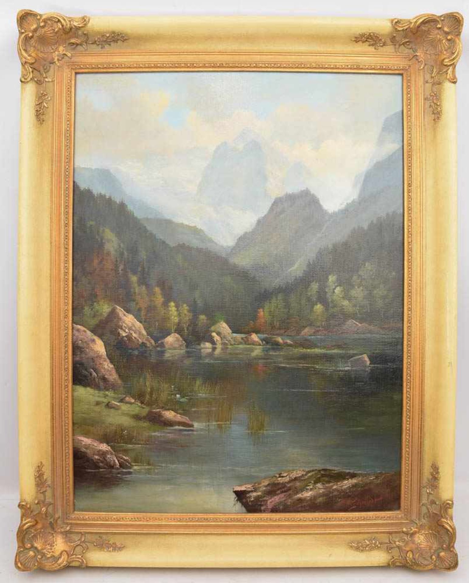 H.P. Schmidt, Gebirgsee mit Steinen, Öl auf Leinwand, 20. JhSehr guter Zustand, gerahmt. 47 x 77 cm