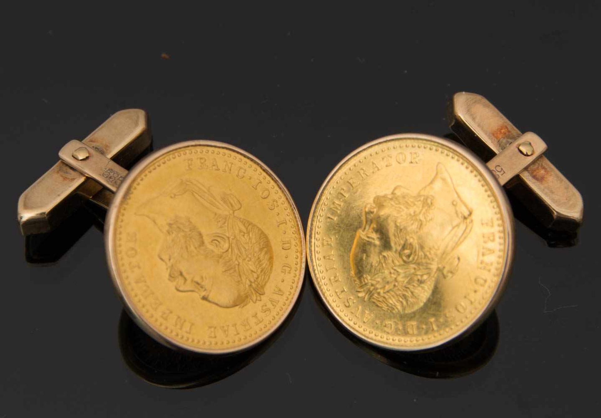 MÜNZEN MANSCHETTENKNÖPFE, 14k GelbgoldManschettenknöpfe mit eingefassten, österreichischen 10 Kronen - Image 2 of 3