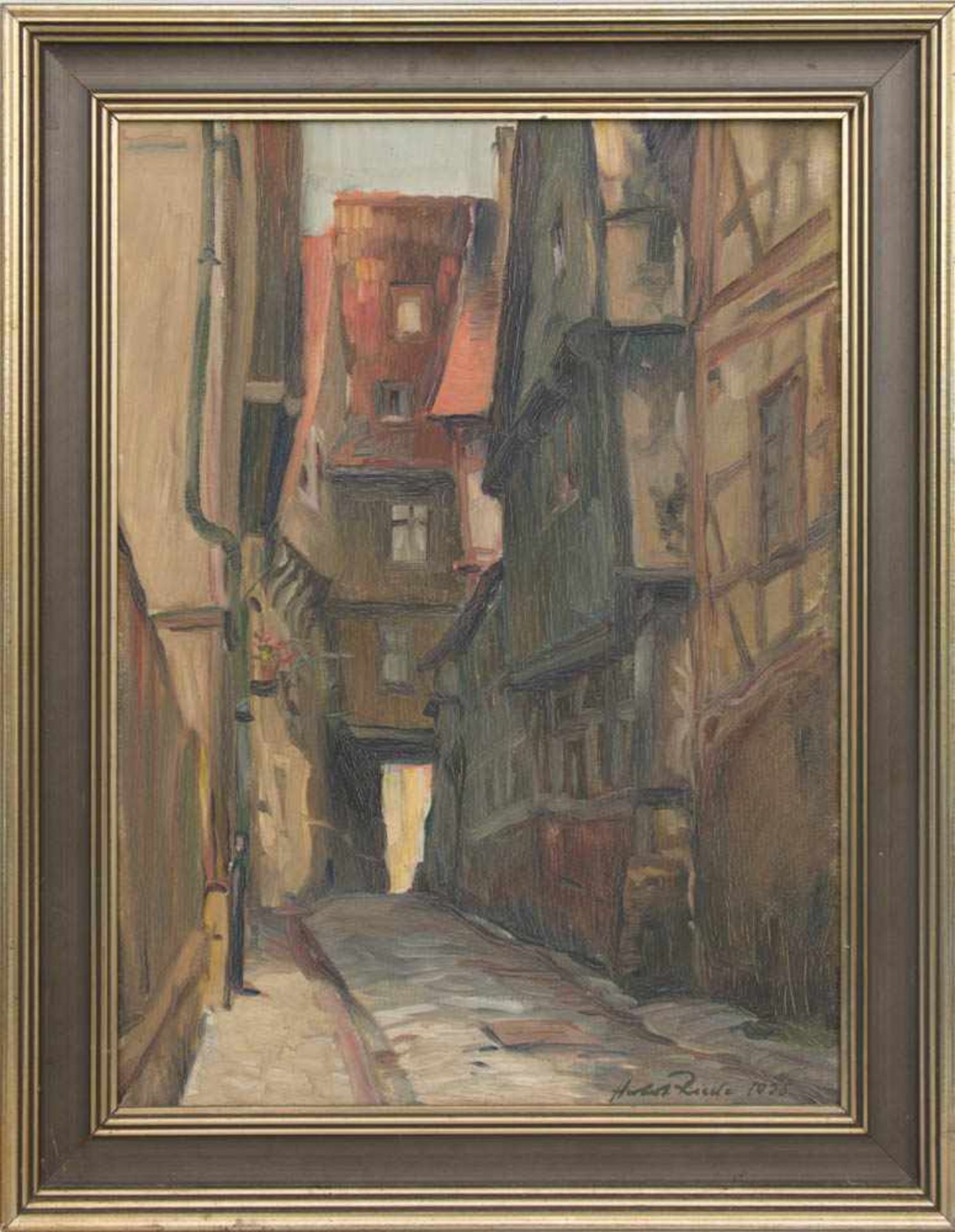 HERBERT RIEDE: ALTSTADTGASSE, Öl auf Leinwand, gerahmt, signiert und datiertRechts unten signiert