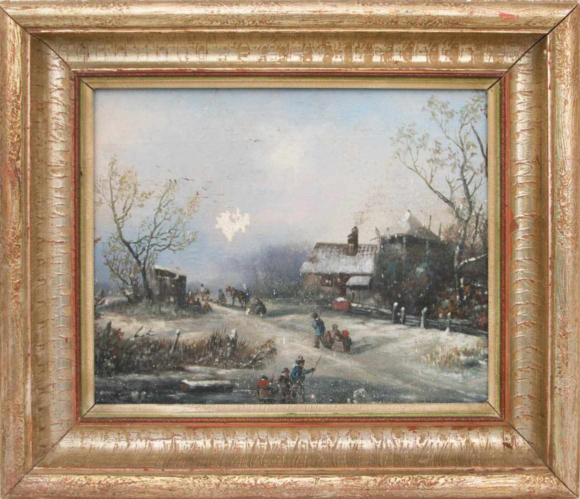 UNBEKANNTER KÜNSTLER: WINTER IM DORF,Öl auf Leinwand, gerahmt, unsigniertMaße mit Rahmen: 41 x 47