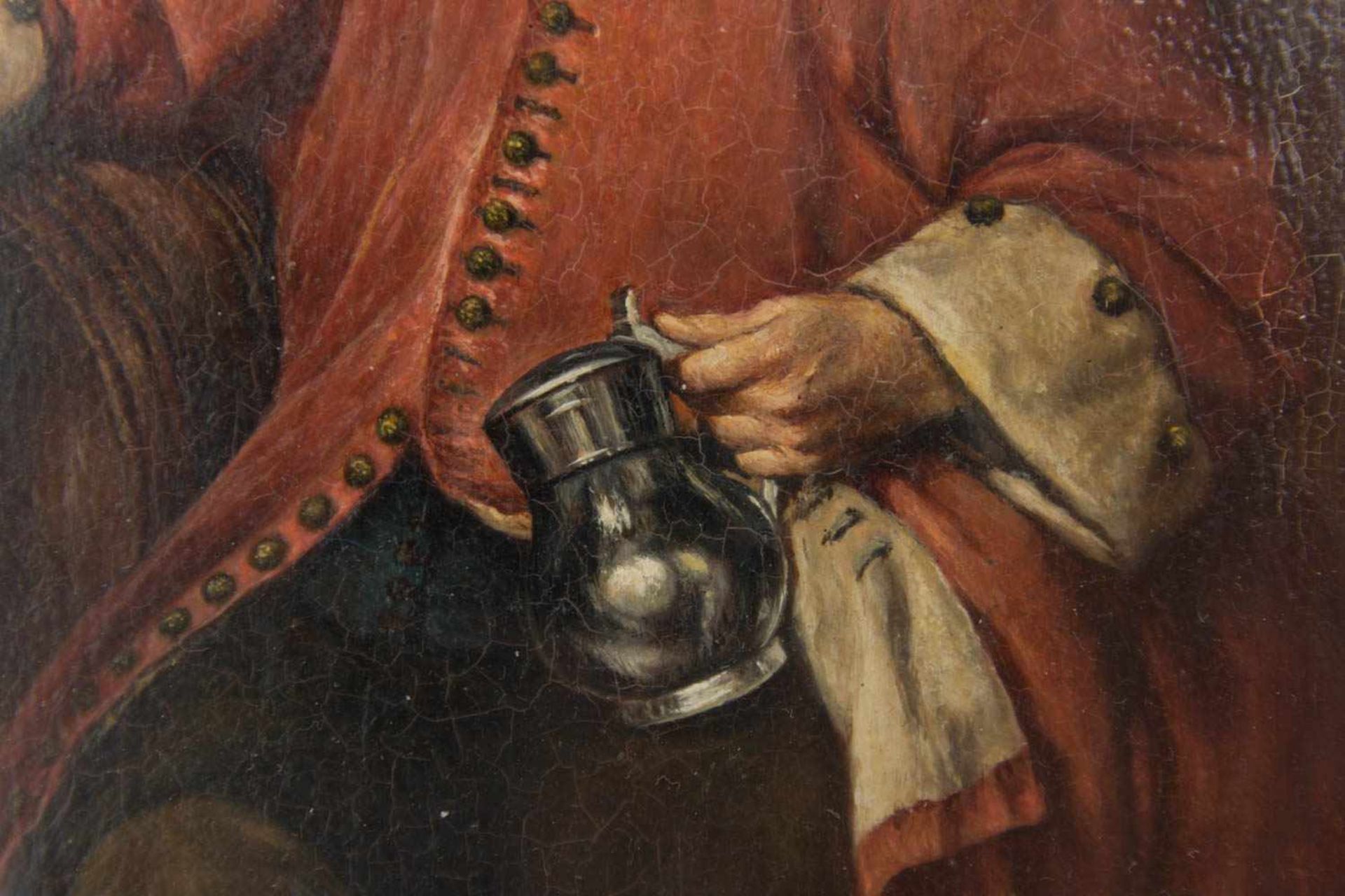 UNBEKANNTER KÜNSTLER: „Der alte Trinker“, übermalter Druck nach Original von 1663, Öl auf Platte, - Bild 7 aus 9