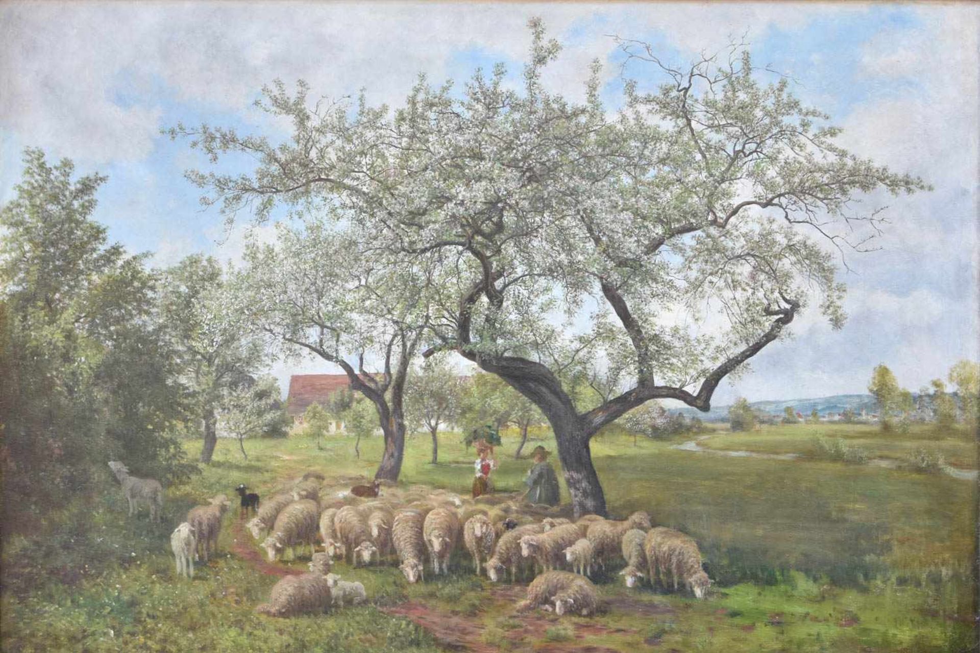 JULIUS KORNBECK:“ Schafe unter blühenden Bäumen“, Öl auf Leinwand, gerahmt, unsigniert, mit