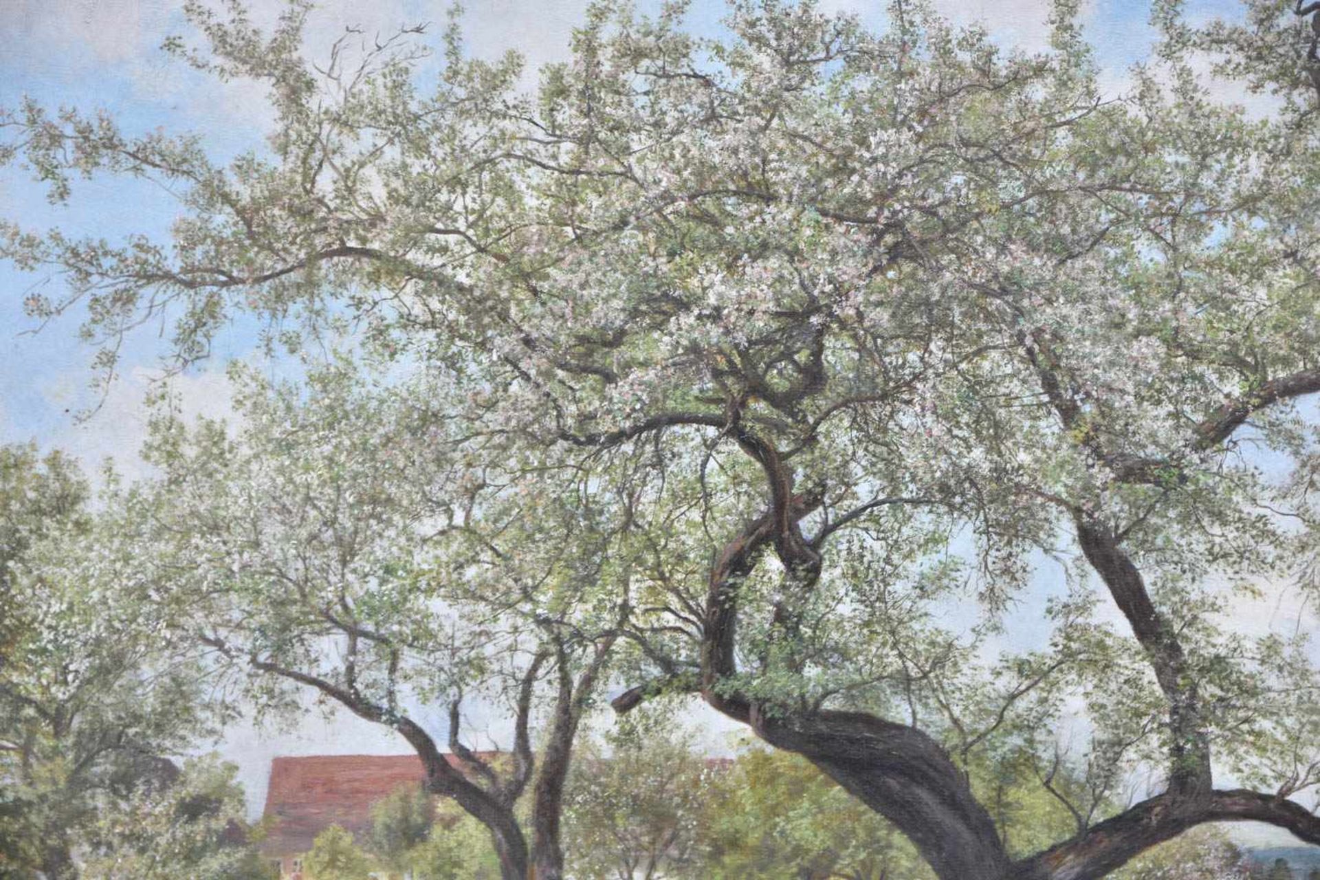 JULIUS KORNBECK:“ Schafe unter blühenden Bäumen“, Öl auf Leinwand, gerahmt, unsigniert, mit - Image 2 of 8