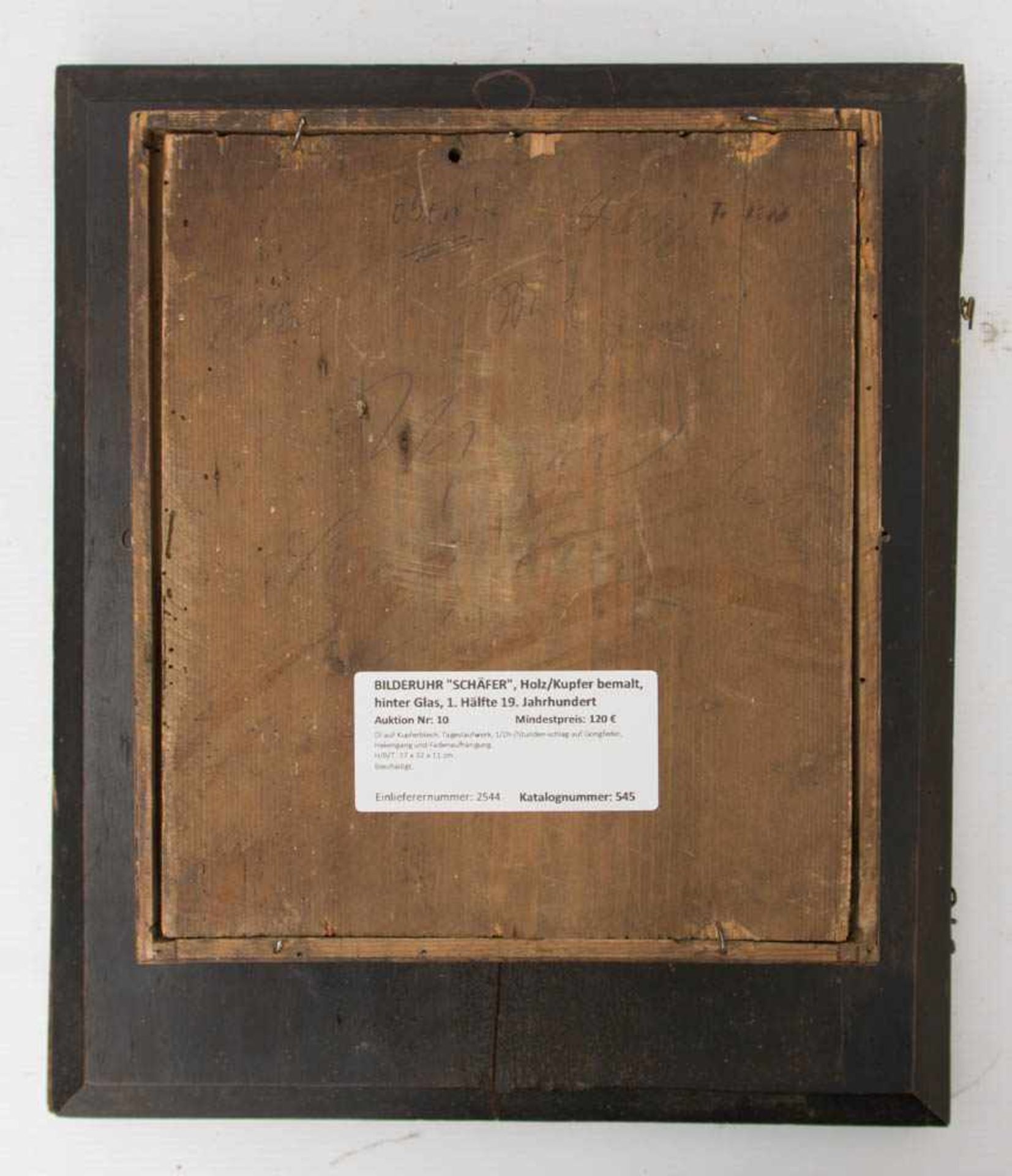 BILDERUHR "SCHÄFER", Holz/Kupfer bemalt, hinter Glas, 1. Hälfte 19. JahrhundertÖl auf Kupferblech. - Bild 3 aus 5