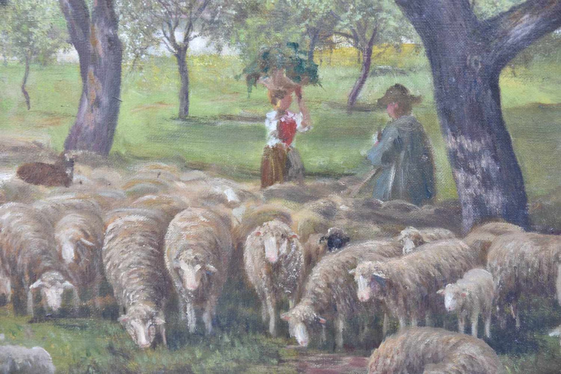 JULIUS KORNBECK:“ Schafe unter blühenden Bäumen“, Öl auf Leinwand, gerahmt, unsigniert, mit - Image 4 of 8