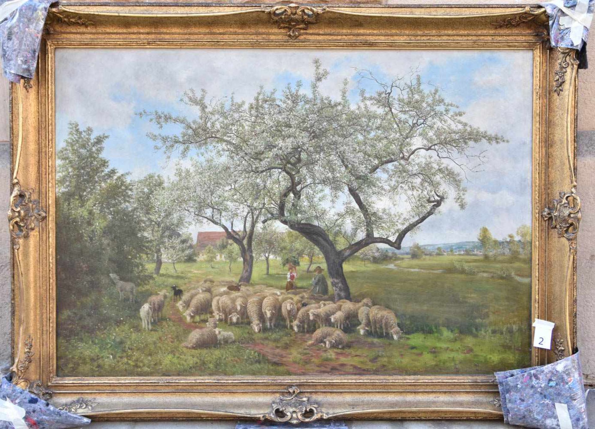 JULIUS KORNBECK:“ Schafe unter blühenden Bäumen“, Öl auf Leinwand, gerahmt, unsigniert, mit - Image 8 of 8