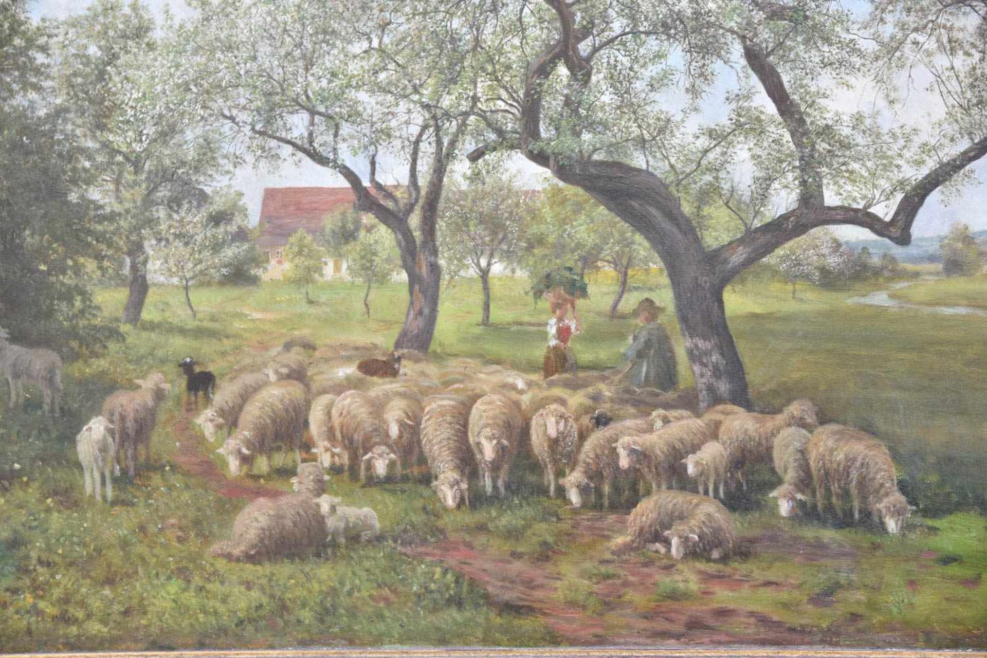 JULIUS KORNBECK:“ Schafe unter blühenden Bäumen“, Öl auf Leinwand, gerahmt, unsigniert, mit - Image 3 of 8