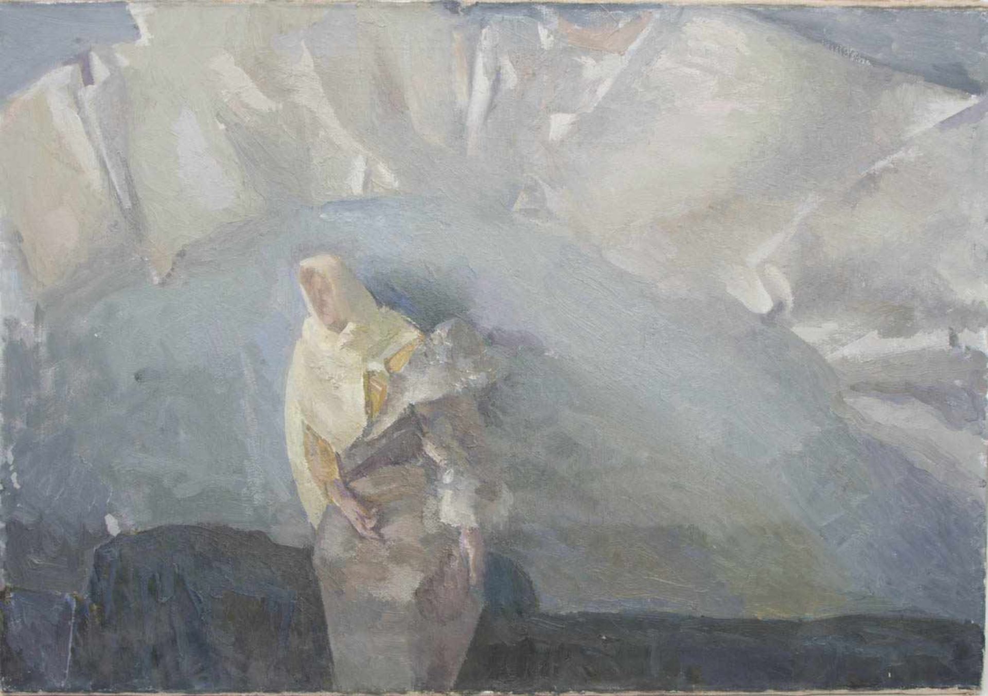 UNBEKANNTER KÜNSTLER: ÜBERS FELD; Öl auf Leinwand, ungerahmt, 20. Jh.Maße: 68 x 100 cm.Leinwand