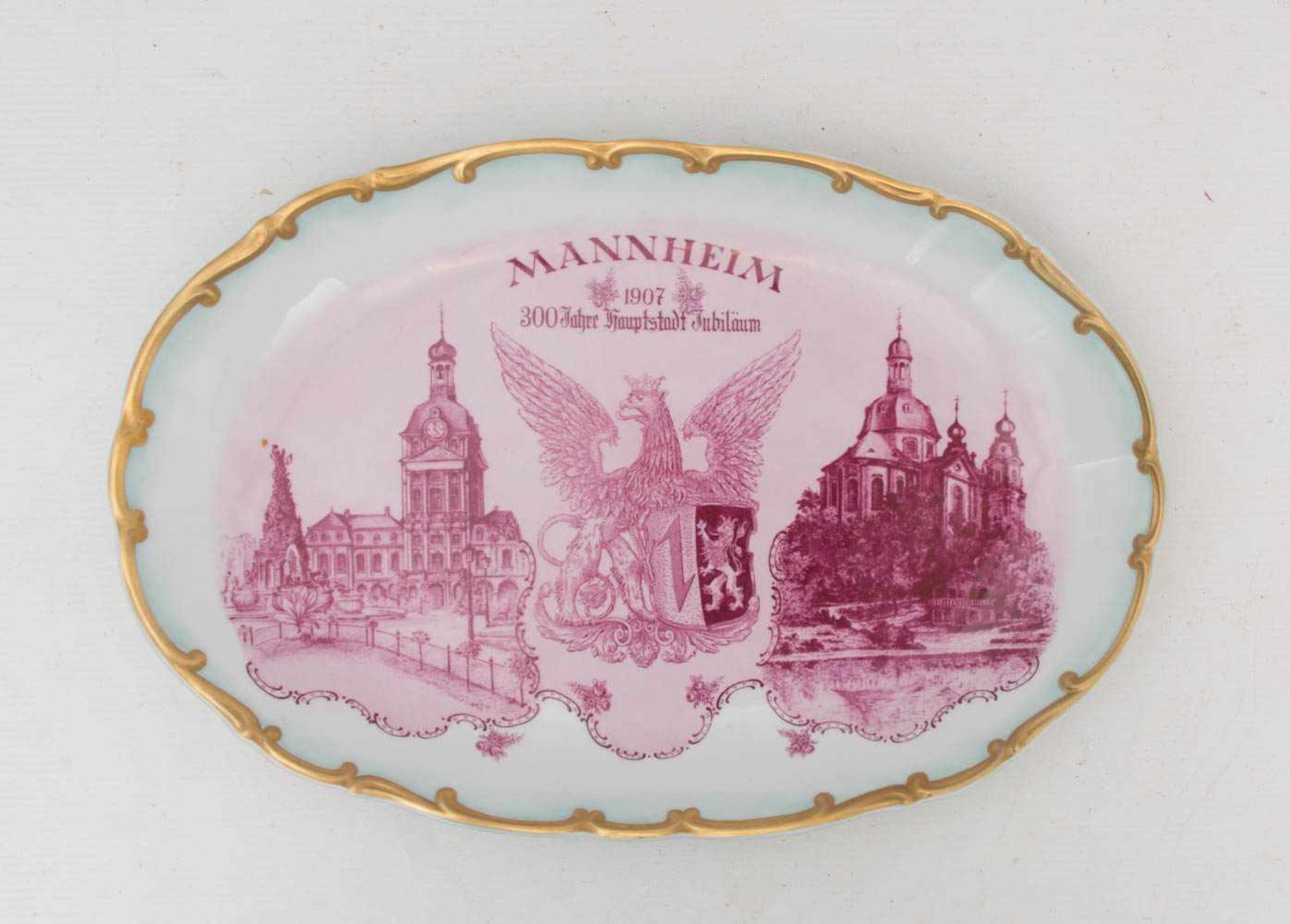 JUBILÄUMSPLATTE "300 JAHRE MANNHEIM", Porzellan bemalt, goldstaffiert,gemarkt, 1907Rheinische - Bild 4 aus 4