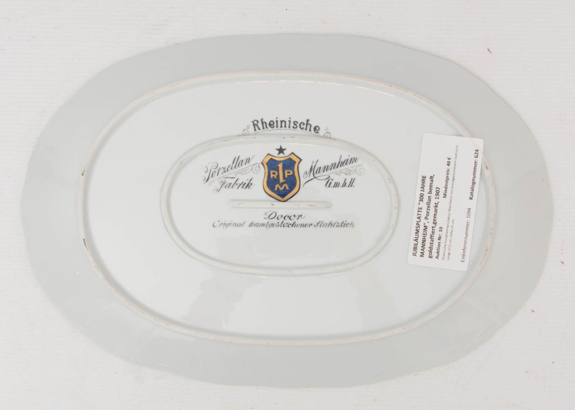 JUBILÄUMSPLATTE "300 JAHRE MANNHEIM", Porzellan bemalt, goldstaffiert,gemarkt, 1907Rheinische - Bild 3 aus 4