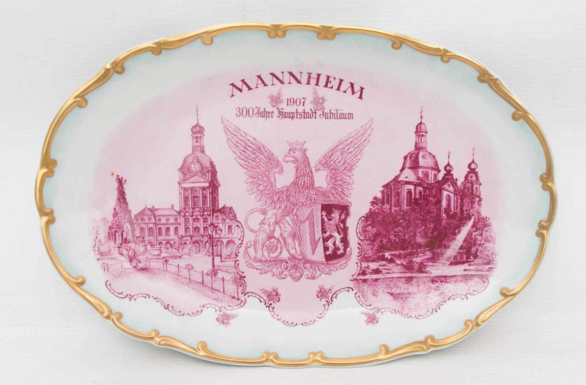 JUBILÄUMSPLATTE "300 JAHRE MANNHEIM", Porzellan bemalt, goldstaffiert,gemarkt, 1907Rheinische