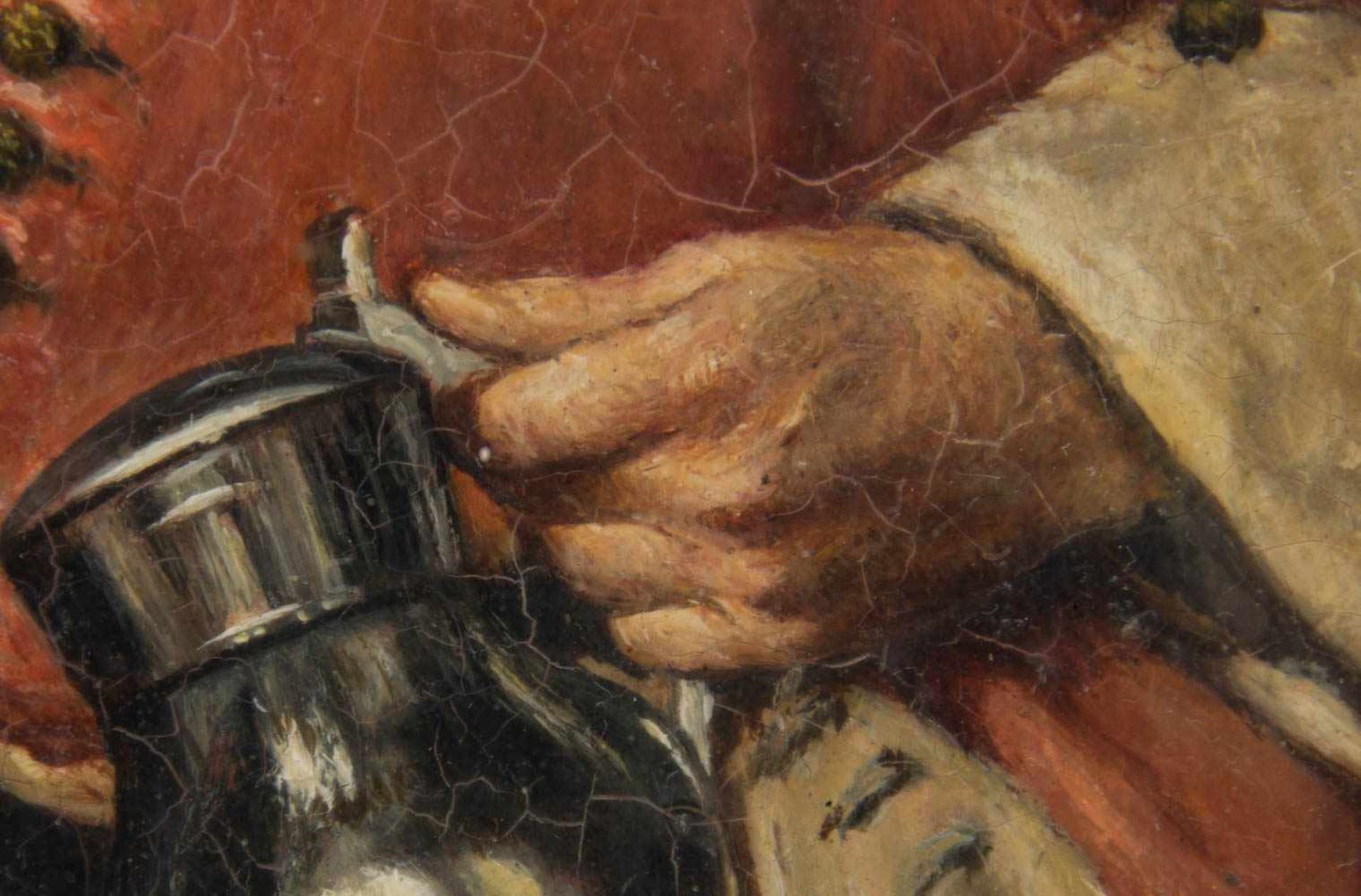 UNBEKANNTER KÜNSTLER: „Der alte Trinker“, übermalter Druck nach Original von 1663, Öl auf Platte, - Bild 6 aus 9