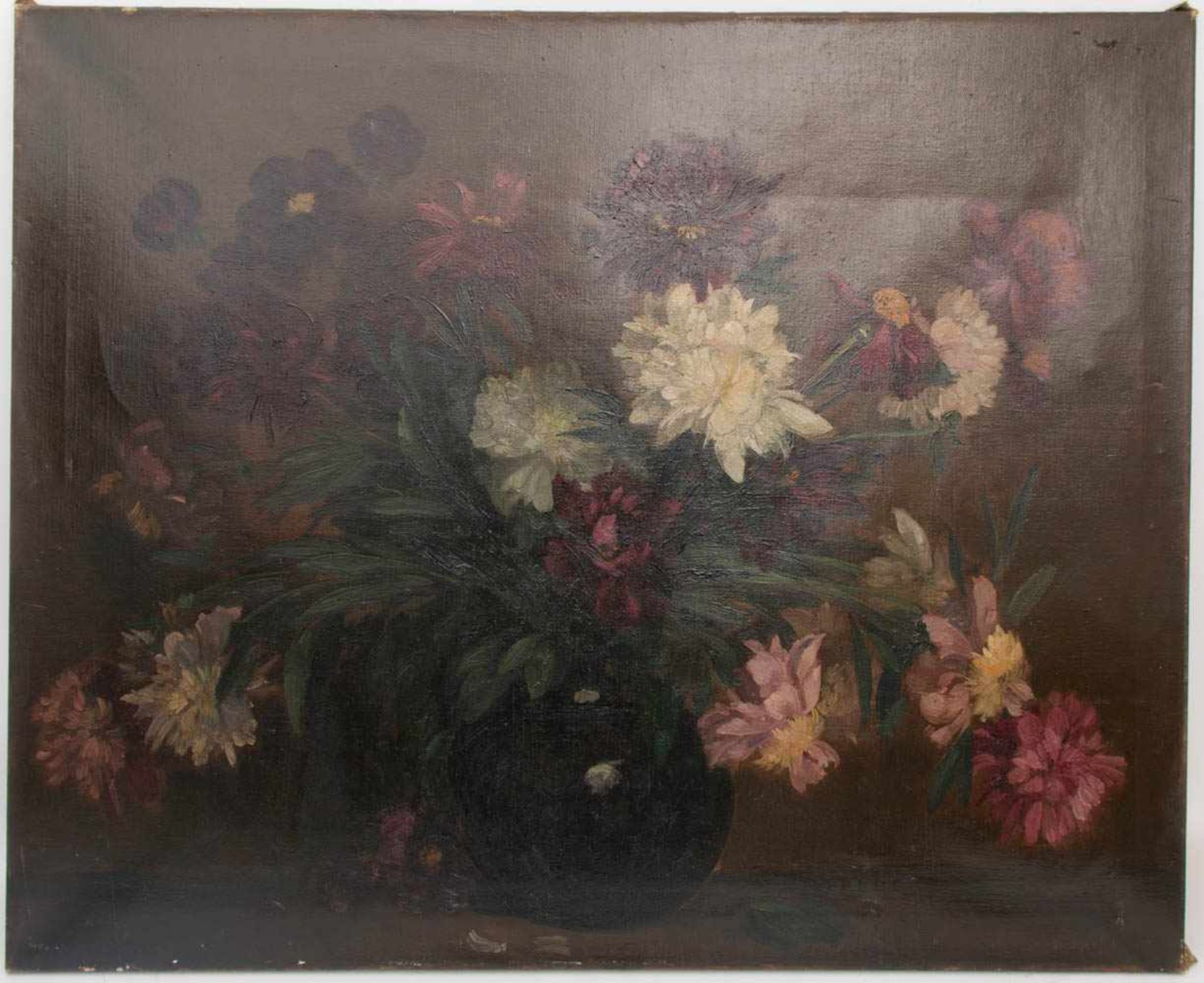 UNBEKANNTER KÜNSTLER: BUNTER CHRYSANTHEMENSTRAUSS, Öl auf Leinwand,1. Hälfte 20.Jh.Maße: 91 x 111