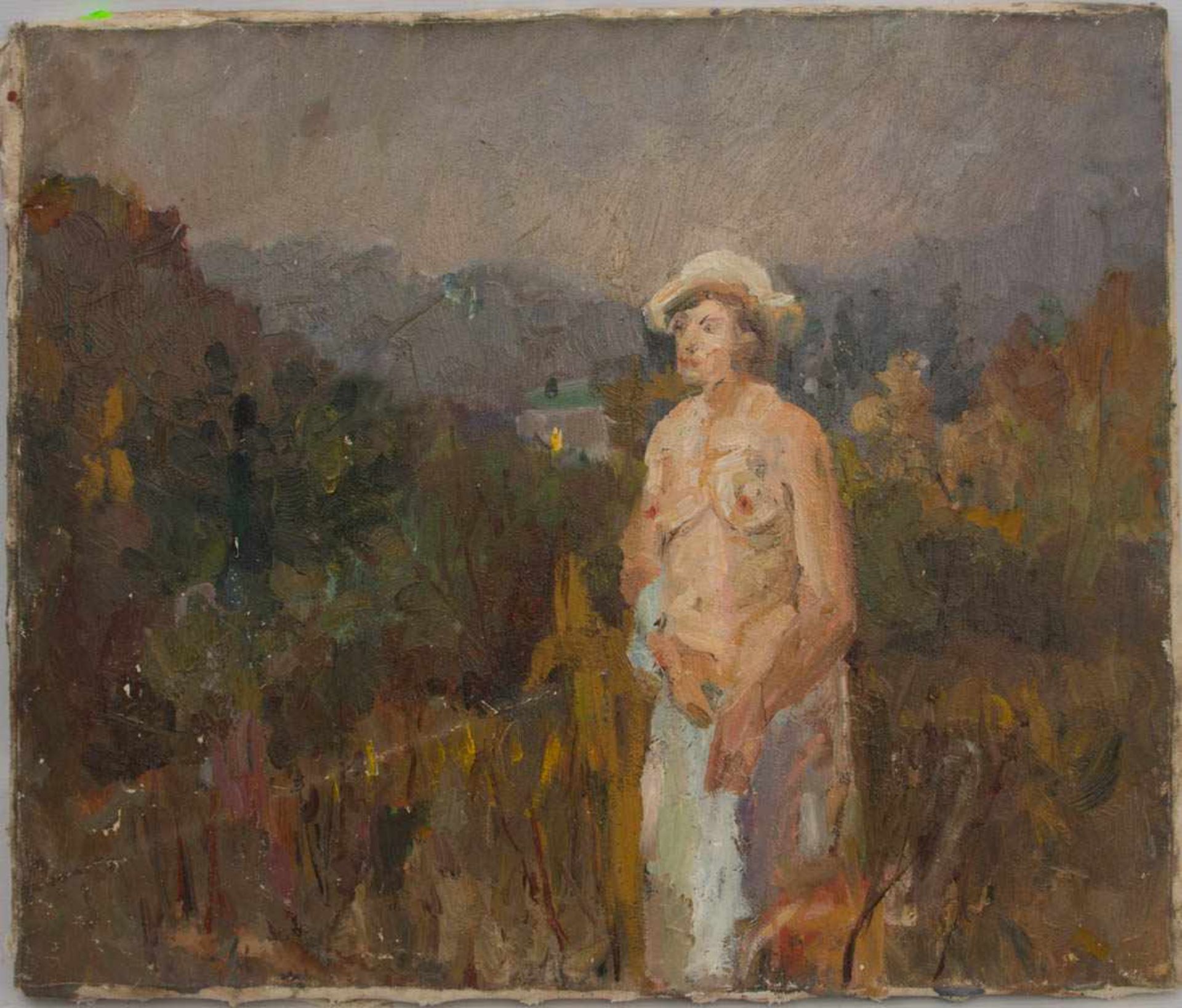 UNBEKANNTER KÜNSTLER: NACKTE IM FELD; Öl auf Leinwand, ungerahmt, 20. JahrhundertMaße: 51 x 61 cm.