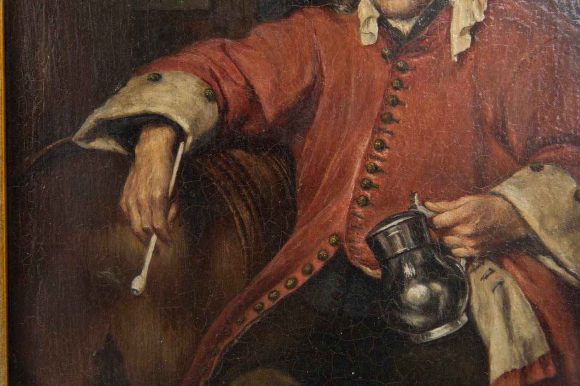 UNBEKANNTER KÜNSTLER: „Der alte Trinker“, übermalter Druck nach Original von 1663, Öl auf Platte, - Bild 4 aus 9