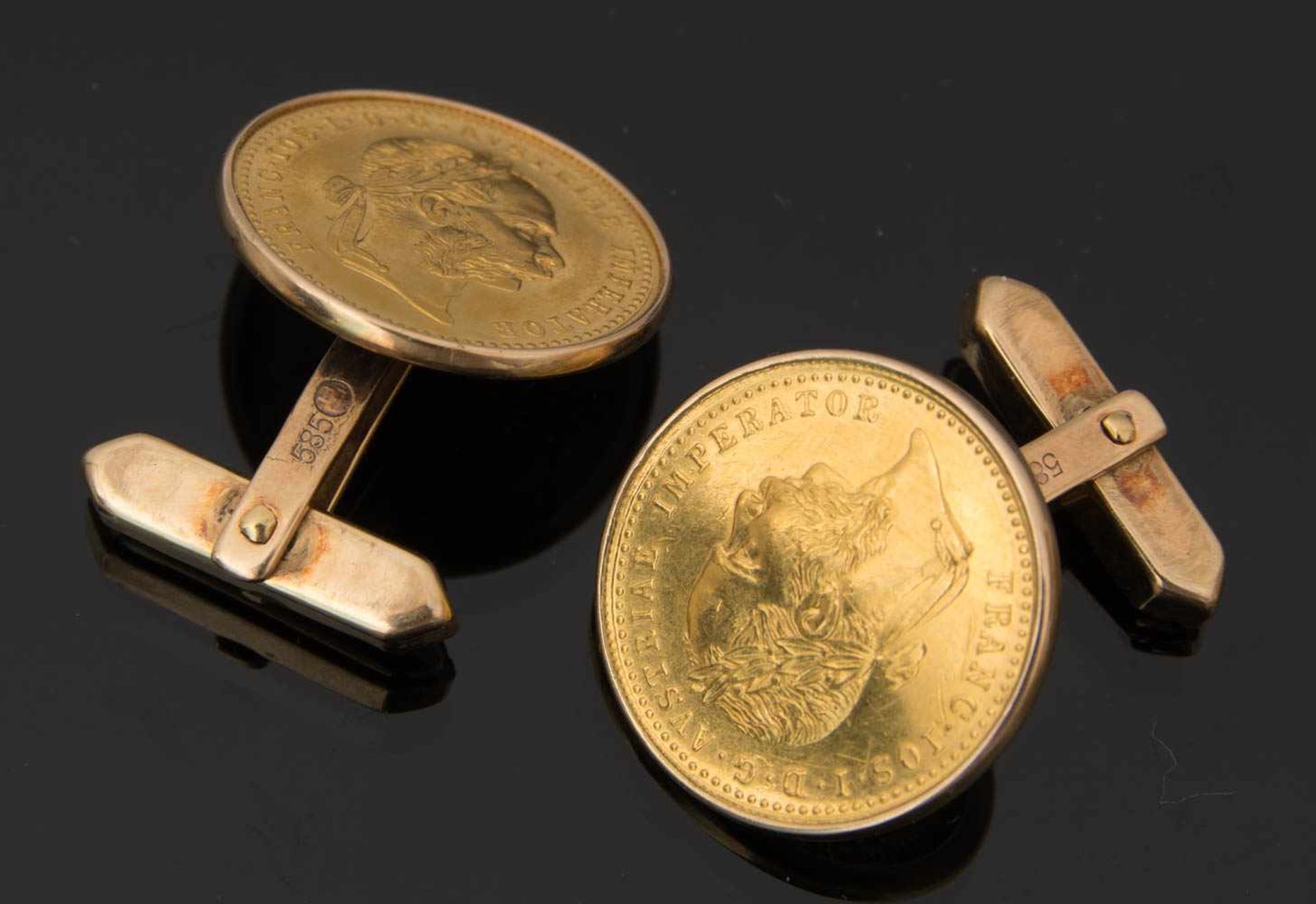 MÜNZEN MANSCHETTENKNÖPFE, 14k GelbgoldManschettenknöpfe mit eingefassten, österreichischen 10 Kronen