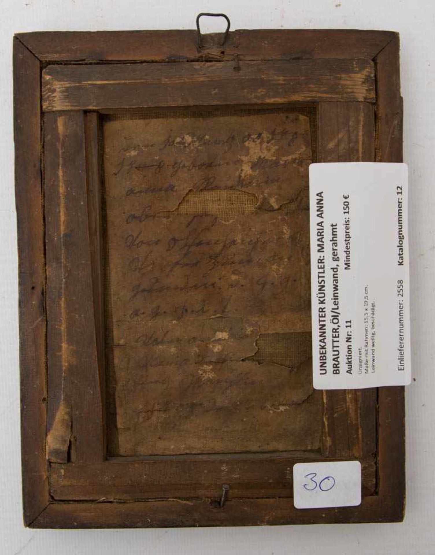 UNBEKANNTER KÜNSTLER, MARIA ANNA BRAUTTER, Öl/Leinwand, gerahmt.Unsigniert.15,5 x 19,5 cm m. R. - Bild 3 aus 3