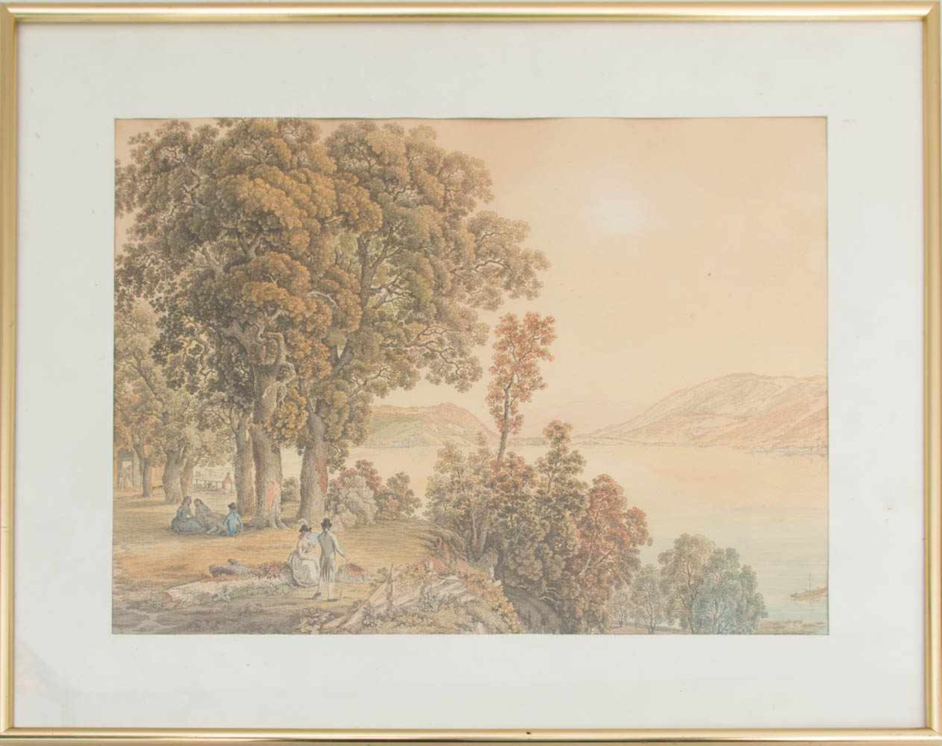 GABRIEL LORY, AM BEWALDETEN UFER, Aquarellzeichnung/Papier, hinter Glas.Gabriel Lory (1763-1840).