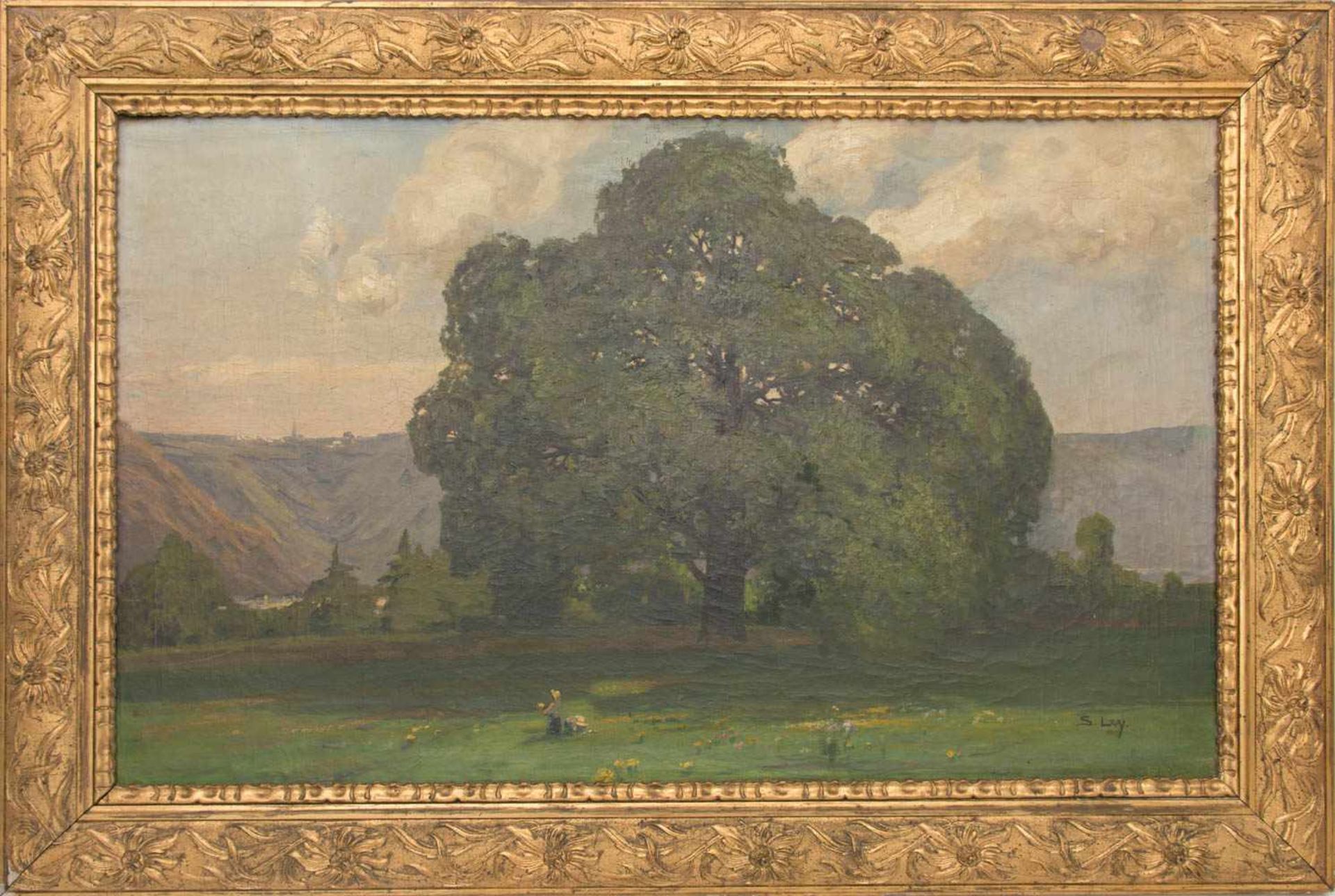 SOPHIE LEY, WIESE MIT BAUM, Öl/Leinwand, gerahmt, signiert.Sophie Ley (1849-1918). Rechts unten